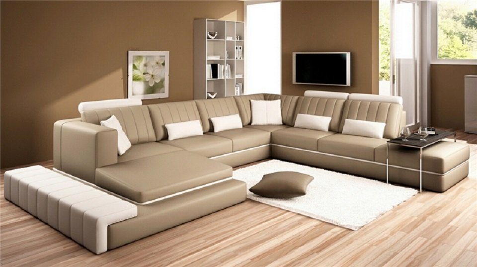 JVmoebel Ecksofa, Leder Modern Couch Leder Sofa U-Form Ledersofa Beige Wohnlandschaft