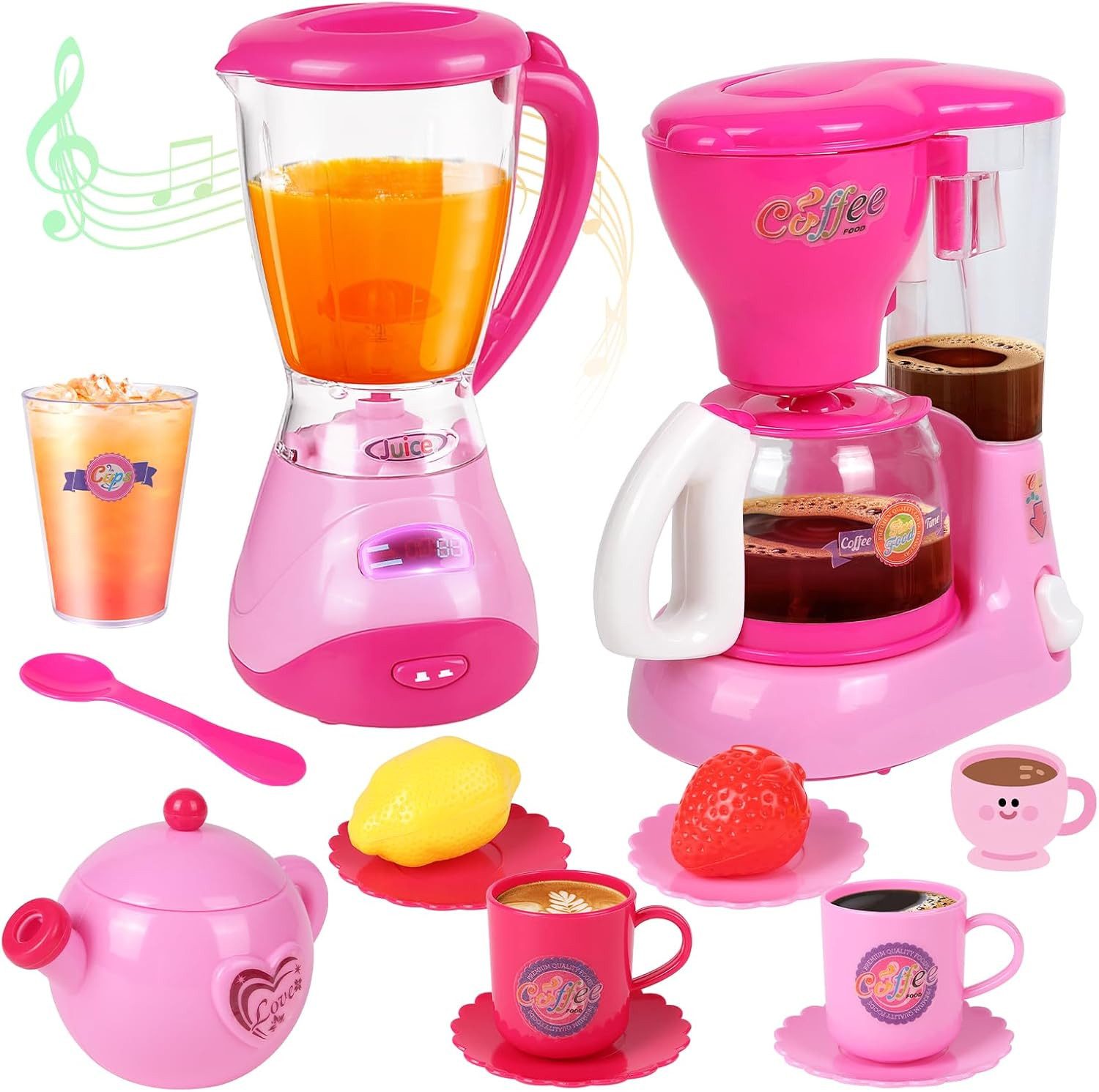 Greyghost Kinder-Küchenset Kinderküche Zubehör Set mit Mixer und Kaffeemaschine, (Kinderküche Zubehör Set mit Mixer Kaffeemaschine und Spielgeschirr, 11-tlg., Spielküche Zubehör mit Mixer Kaffeemaschine Tassen Obst für Kinder), Rollenspiel Zubehör für Kinderküchen Mit Licht- und Soundfunktion