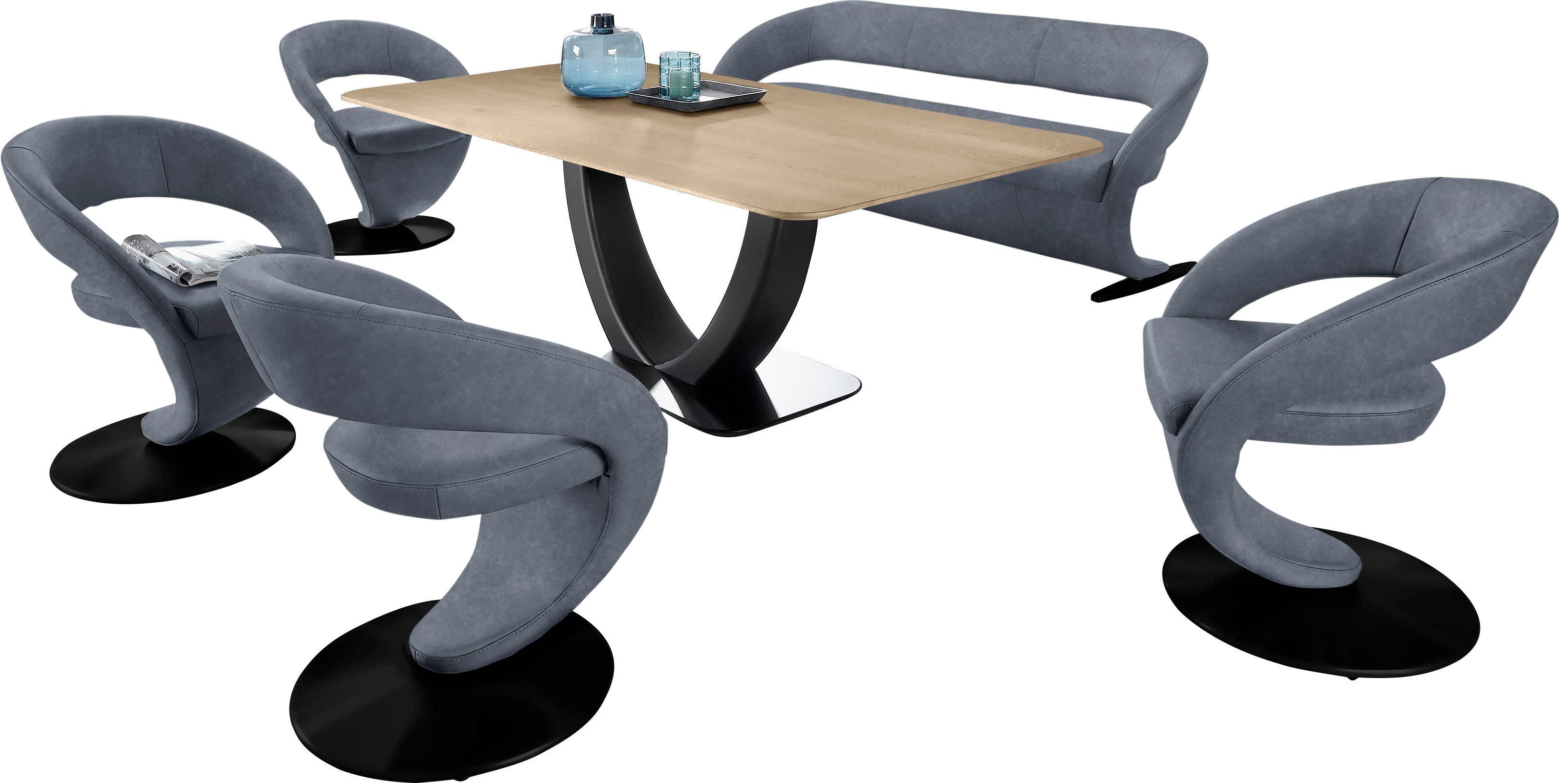 K+W Komfort & Wohnen Essgruppe Design-Solobank und 4 Wave, Tisch 180x90cm in (Set), Design-Drehstühlen mit