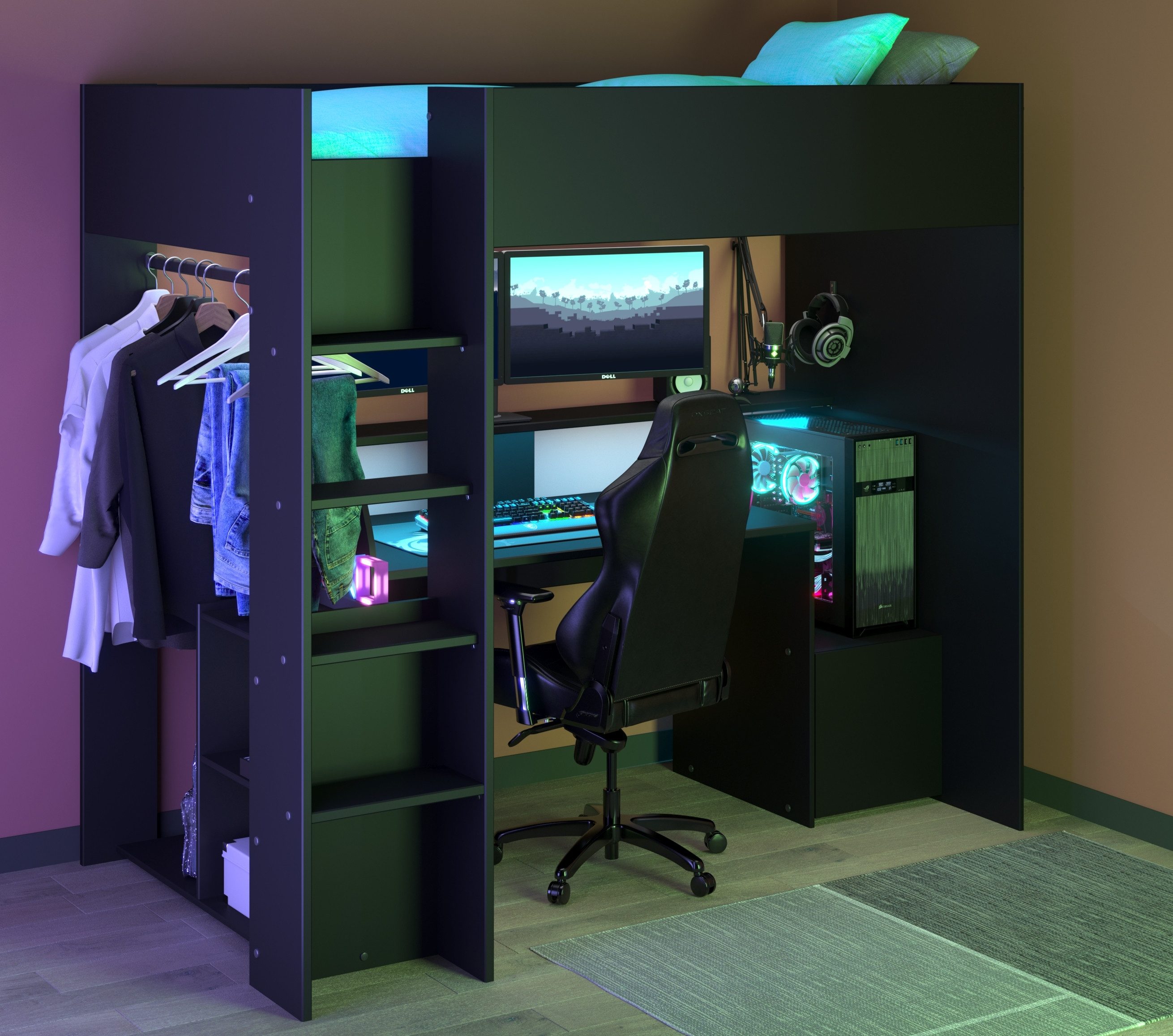 Parisot Hochbett Meddox mit LED & integriertem Gaming‑Arbeitsplatz (Gesamtaußenmaße B/T/H 203,7/94,4/180 cm) Stauraum, Schreibtisch & sicherer Rausfallschutz – Bild 4 von 5