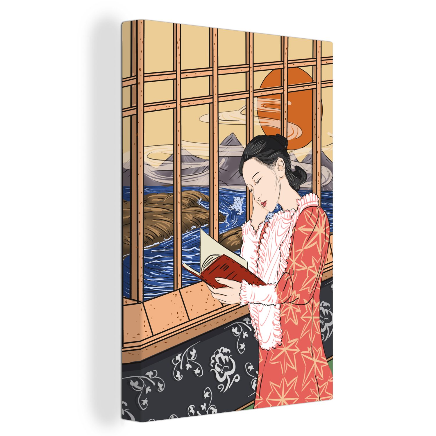 OneMillionCanvasses® Leinwandbild Illustration einer lesenden Frau am Fenster, (1 St), Leinwandbild fertig bespannt inkl. Zackenaufhänger, Gemälde, 20x30 cm