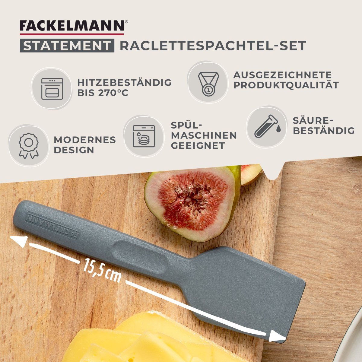FACKELMANN Raclettepfännchen Raclettespachtel, Raclette-Schieber, Raclette-Kratzer