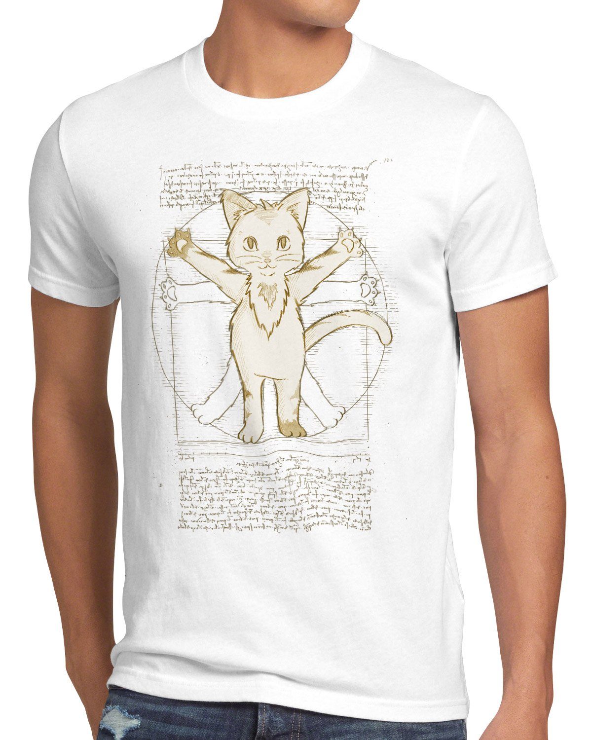 Vitruvianische T-Shirt vinci Herren da Print-Shirt kätzchen weiß Katze style3 tier