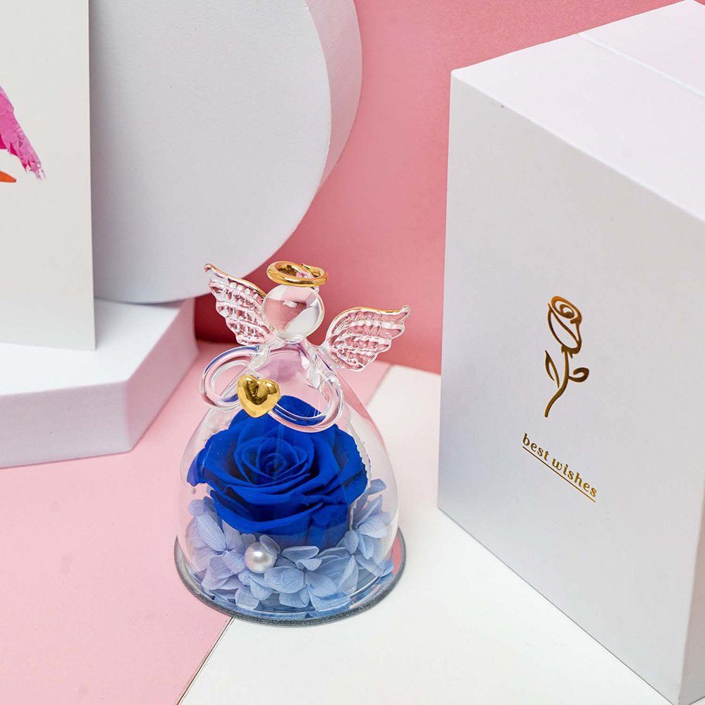 Blau für Glas-Engel-Figuren, Kunstblume Konservierte Valentinstag Weihnachten Rose, Blumen Rosnek, Muttertag