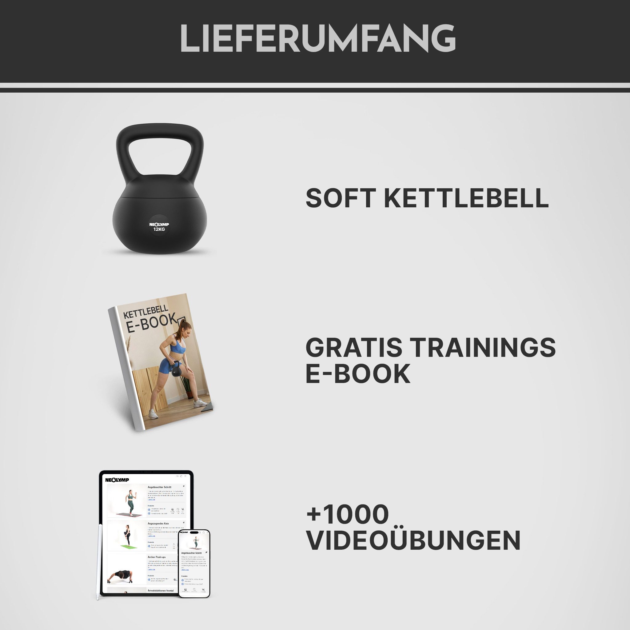 NEOLYMP Kettlebell Soft Kettlebell bodenschonend & leise - stoßdämpfende Kugelhantel, (Soft Kettlebell ideal fürs Homegym Kettlebell 2–12 kg Kugelhantel Set), Kugelhantel mit Eisensandfüllung - ergonomischer Softgriff