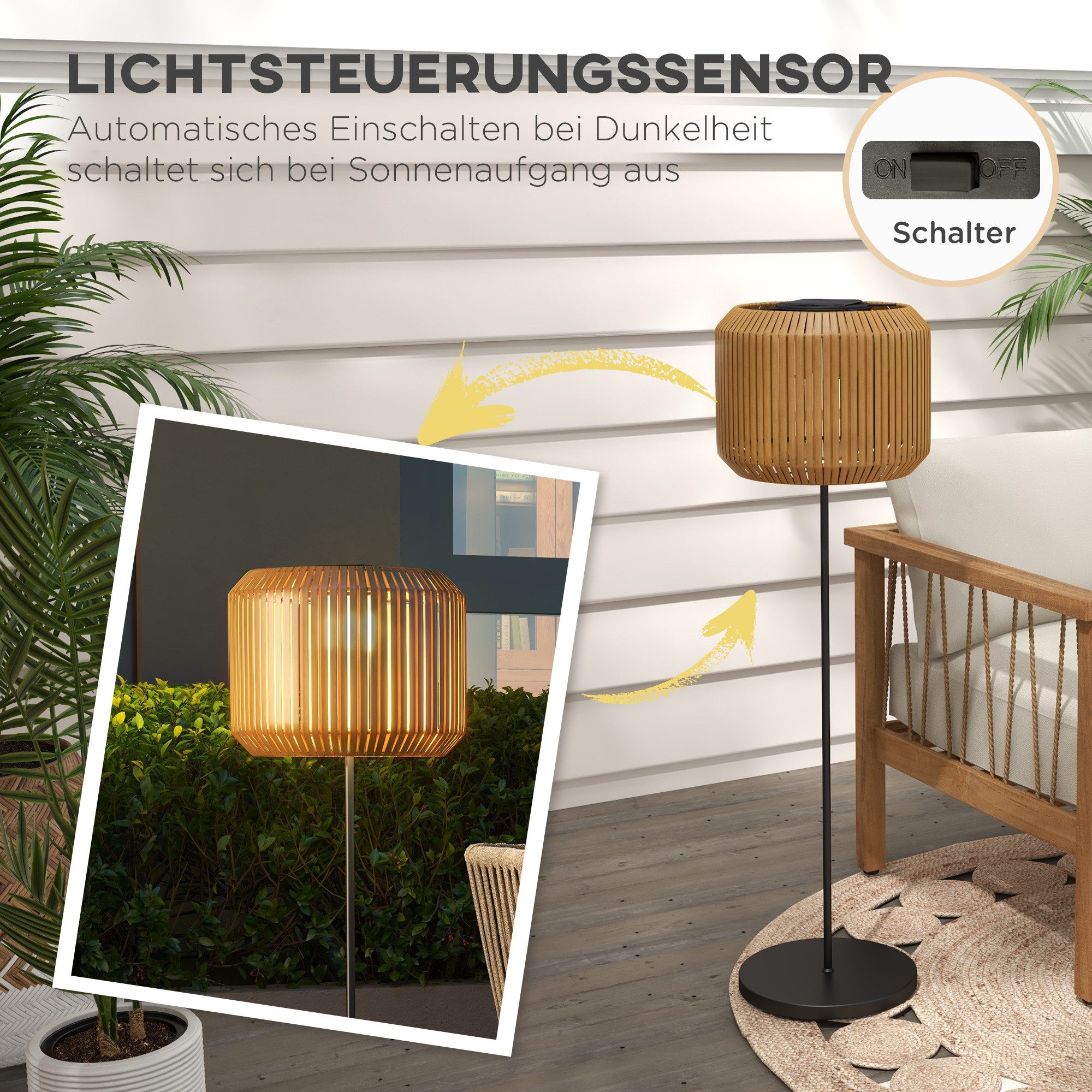 kowdom LED Außen-Stehlampe Solar LED Stehlampe Outdoor Rattan Warmweiß 130cm IP44 Wegleuchte, LED (fest verbaut, nicht austauschbar), Warmweiß, Dämmerungssensor; Wasserdicht; UV-beständig