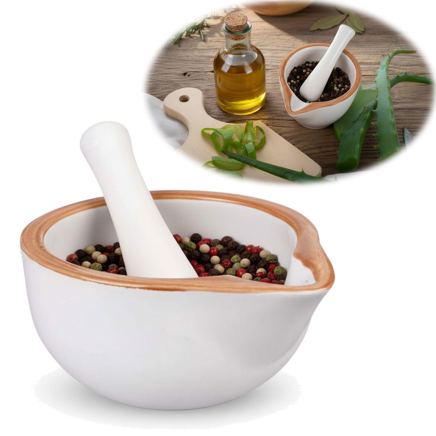 LS-LebenStil Mörser Keramik Gewürzmörser mit Stößel Set Braun Weiß Ø 12cm, (Ideal für frisch gemahlene Gewürze Kräuter Kräuter-Mühle, 2-tlg., perfekt auch als Zerkleinerer für Tabletten Medikamente)