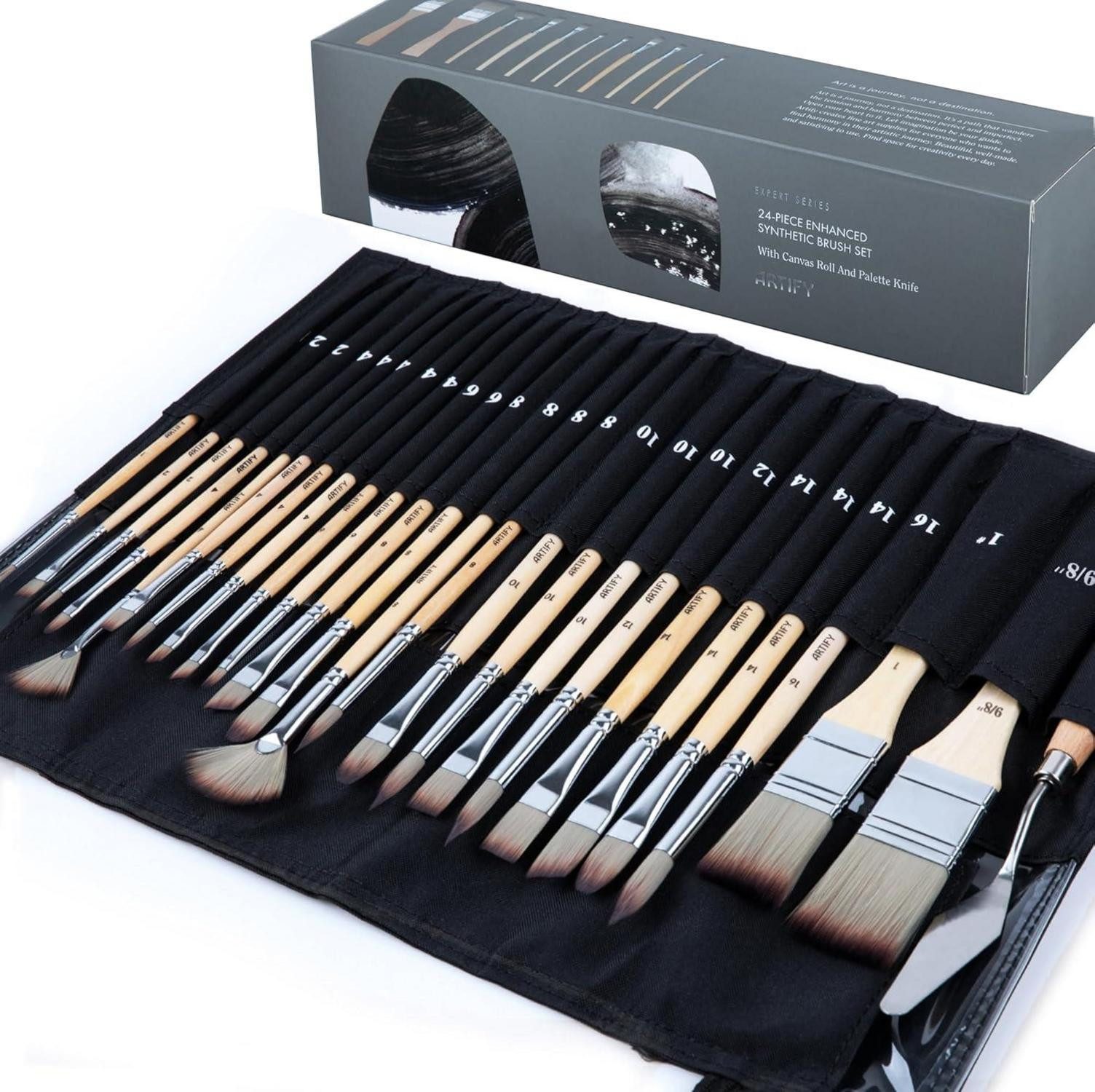 Pinselstift 24-teiliges Pinsel-Set mit Pinseltasche und Spachtel Acryl Aquarell