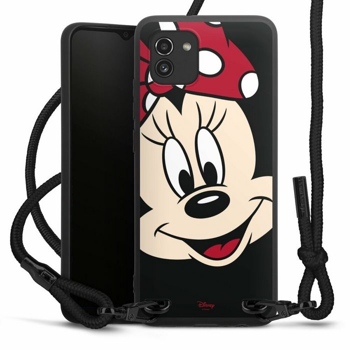 DeinDesign Handyhülle Minnie Mouse Disney Offizielles Lizenzprodukt Minnie All Over Samsung Galaxy A03 Premium Handykette Hülle mit Band Case zum Umhängen