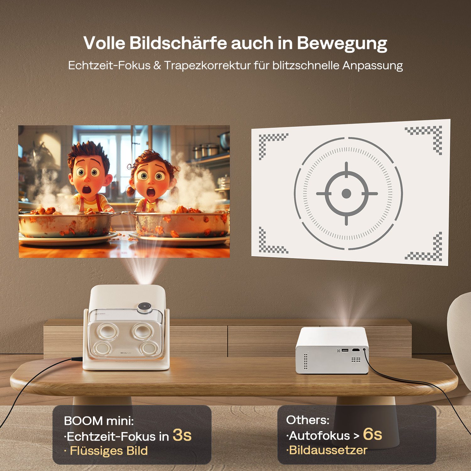 Aurzen BOOM Mini Smart Projektor mit Google TV, 4K Unterstützt Beamer (1000:1, Native 1920x1080 px, 500 ANSI lm, 20W Dolby Audio, Echtzeit-Autofokus und Trapezkorrektur) Cremeweiß