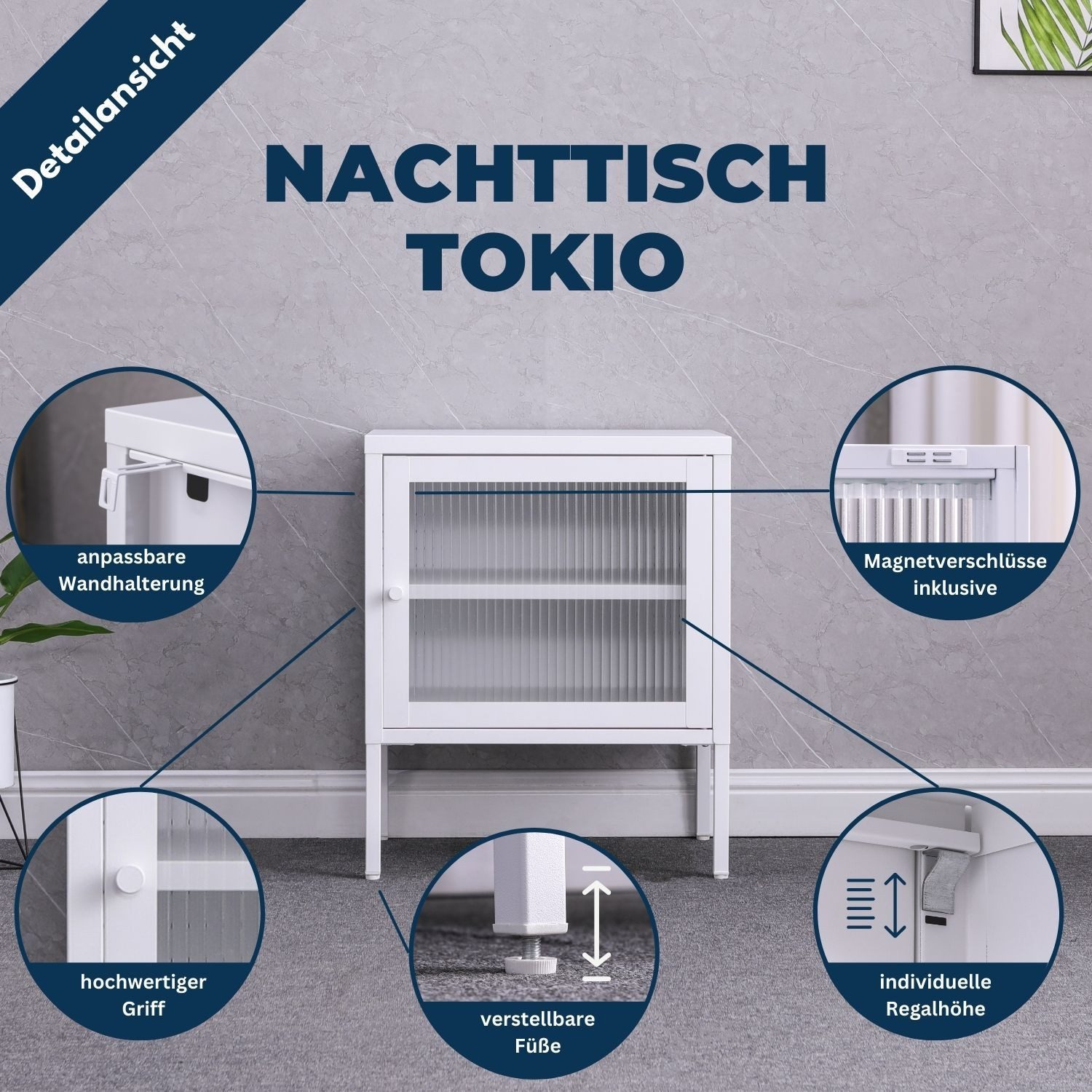 Coemo Sideboard TOKIO, Weiß Nachttisch aus Metall mit Glastüre / langlebige Stahl-Ausführung
