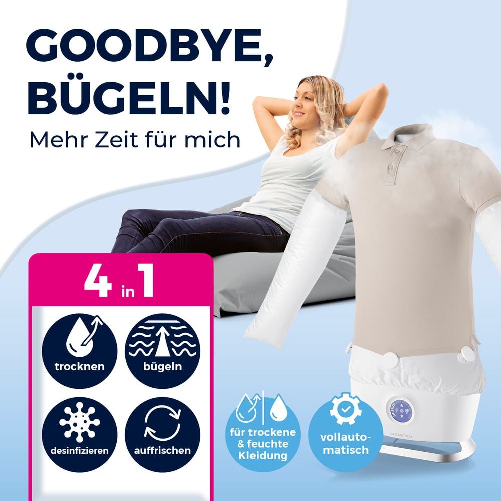 CLEANmaxx Bügelsystem automatischer Hemdenbügler mit Dampffunktion, 1800 W, Innovativer Bügler für Hemden & Blusen, Bügelautomat Bügelpuppe