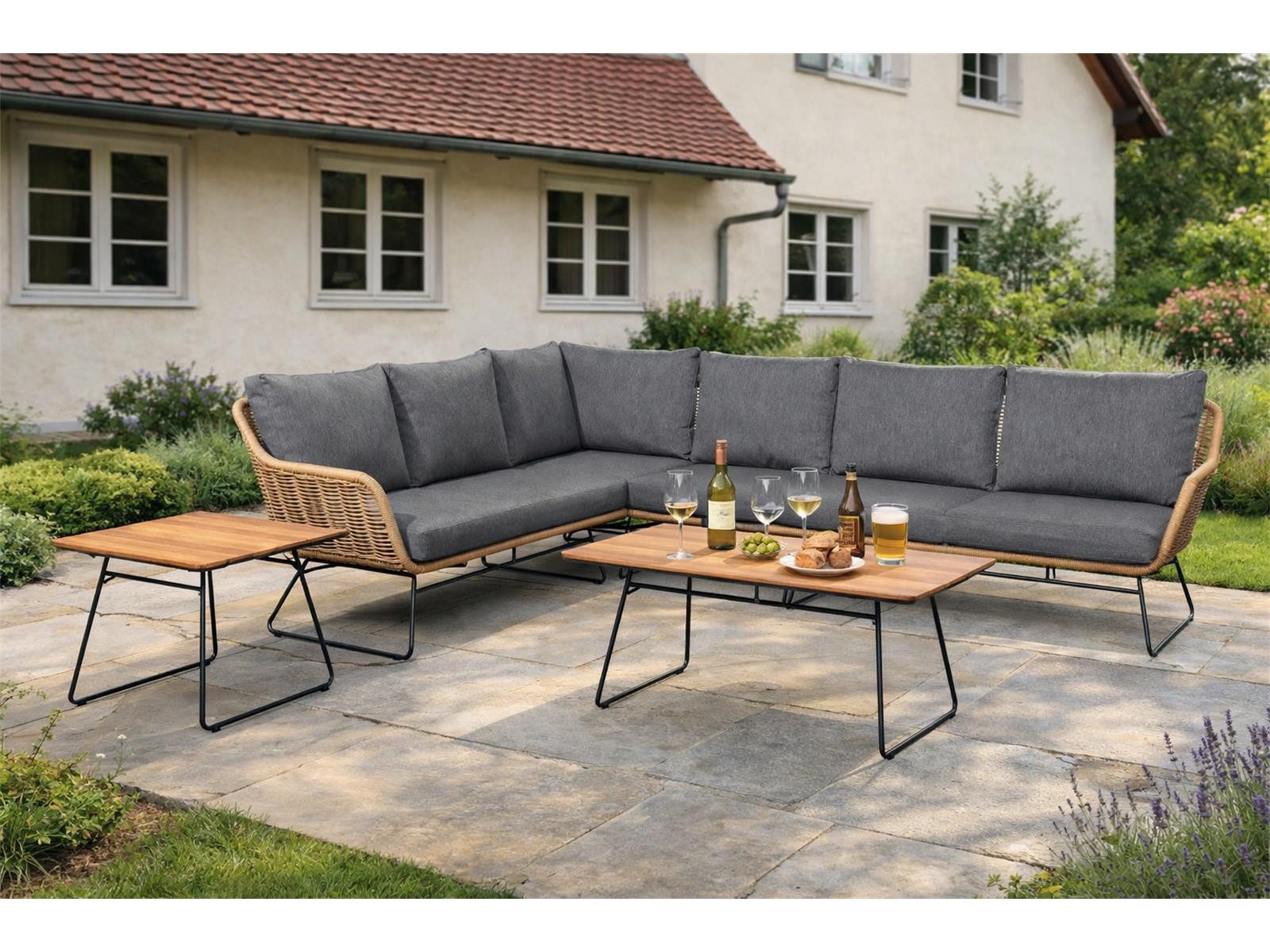 Green Spirit Loungeset Monaco Gartenlounge Ecklounge 6 Personen Polyrattan Grau Teakholz, (Set, 6-tlg., Teakholz-Tischplatte), Polyrattan, grau, 5 Personen, wetterfest, Garten, Terrasse, Outdoor