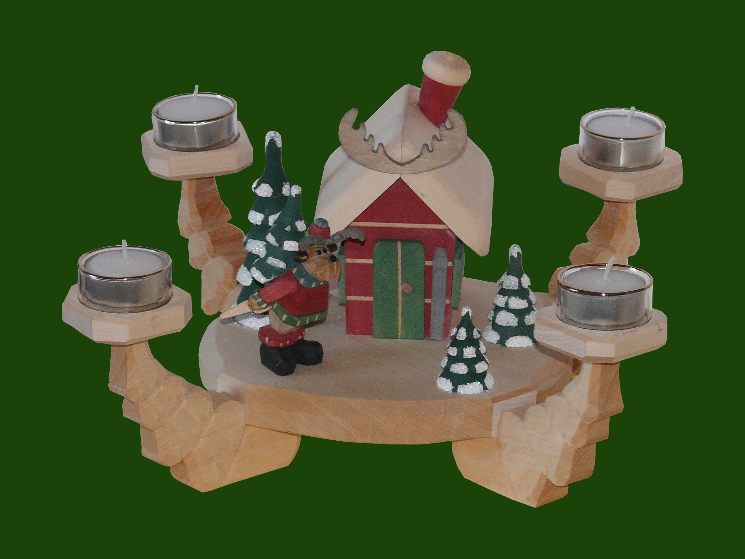 Kerzenständer Adventsleuchter Elch mit Christbaum an der Hütte geschnitzt mit Teeli