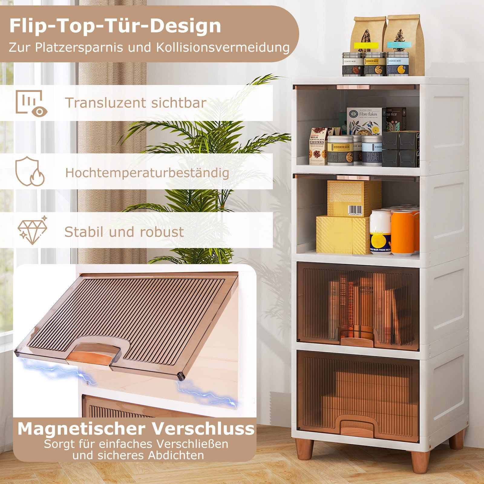 COSTWAY Aufbewahrungsbox (4 St), stapelbar, 150 L, Kunststoff, mit magnetischen Türen, weiß