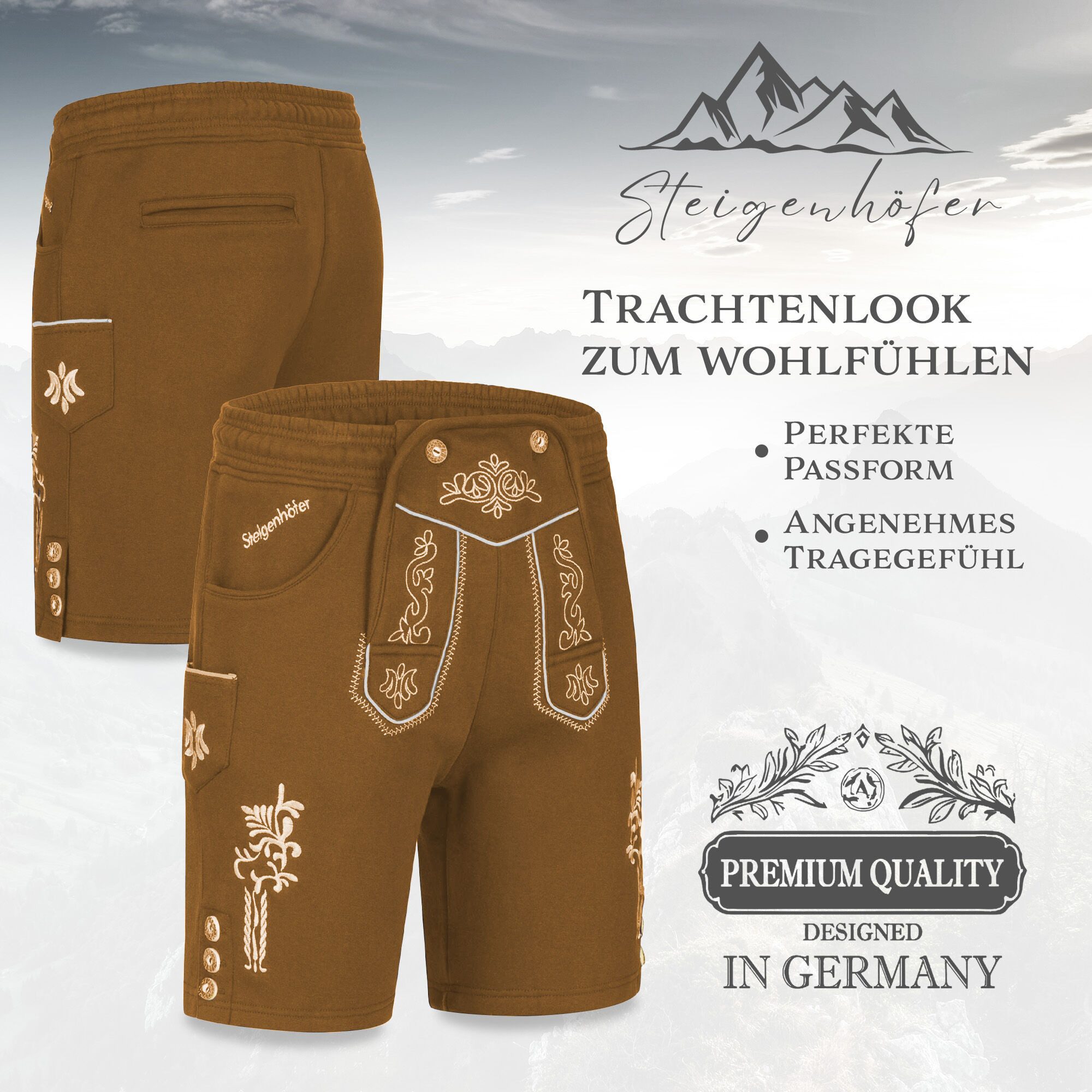 Steigenhöfer Manufaktur Jogginghose "MORITZ" kurze Jogginghose im Lederhosen Look Herren Tracht für Oktoberfest Wiesn und weitere Feierlichkeiten