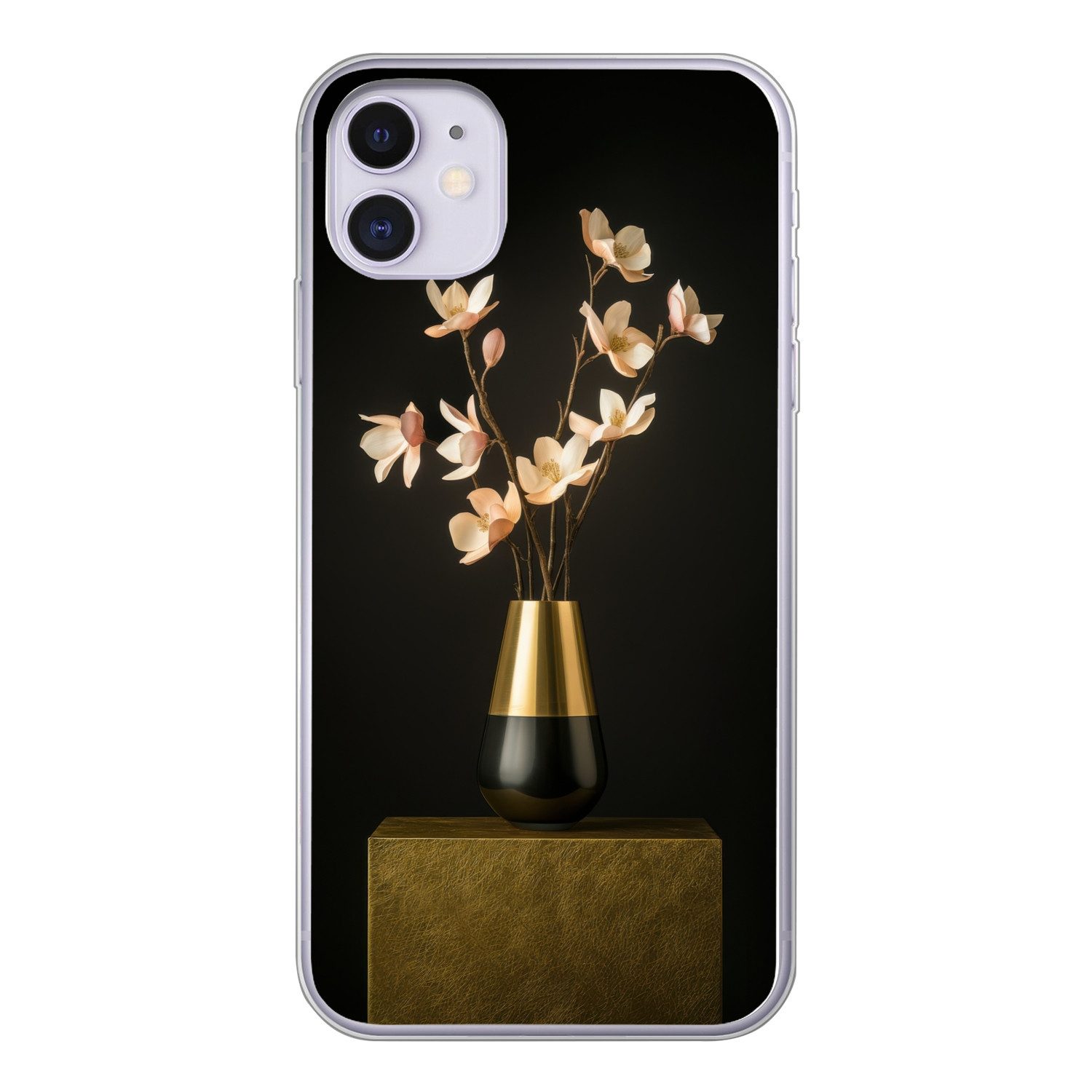 MuchoWow Handyhülle für Apple iPhone 11 Verschnörkelt - Blumenstrauß - Gold - Vase, Smartphone-Bumper, Print, Handy Schutzhülle Dünn
