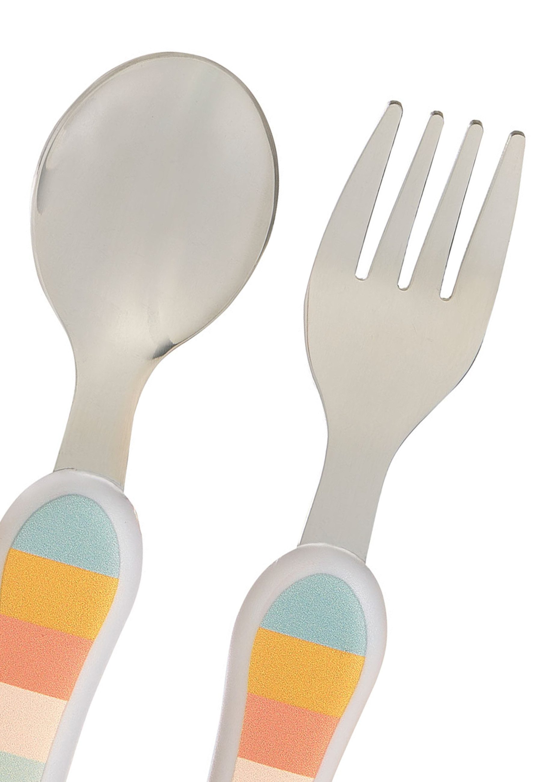 Sigikid Kinderbesteck 2 tlg. Set Gabel und Löffel "4 Freunde" (2-tlg), 1 Personen, Kopf: 100% rostfreier Edelstahl, Griff: 100% ABS