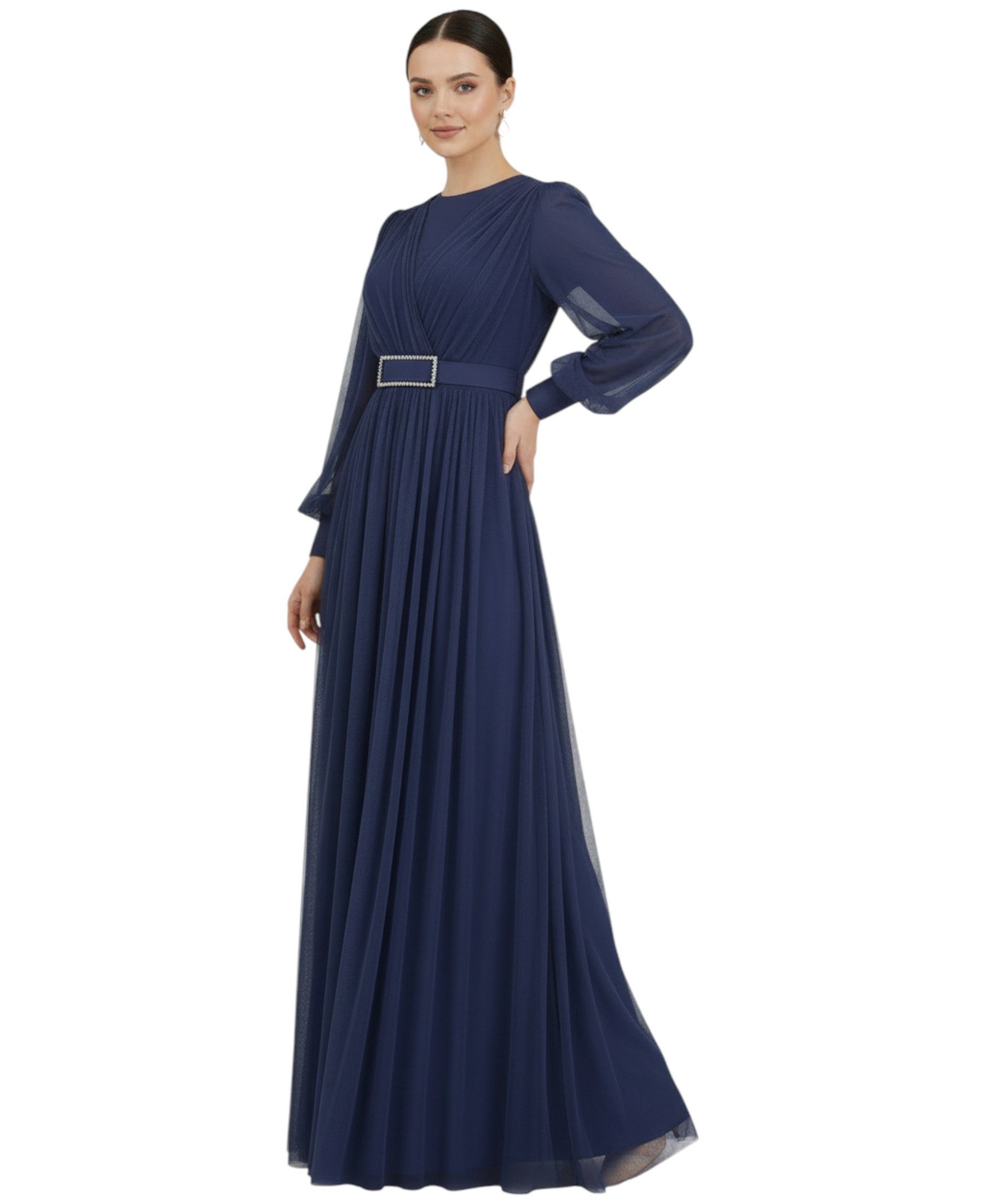 fashionshowcase Abendkleid Damen Maxikleid langarm Tüllkleid elegant mit Gürtel Modest Fashion Fließender Plissee-Rock mit taillierendem Gürtel