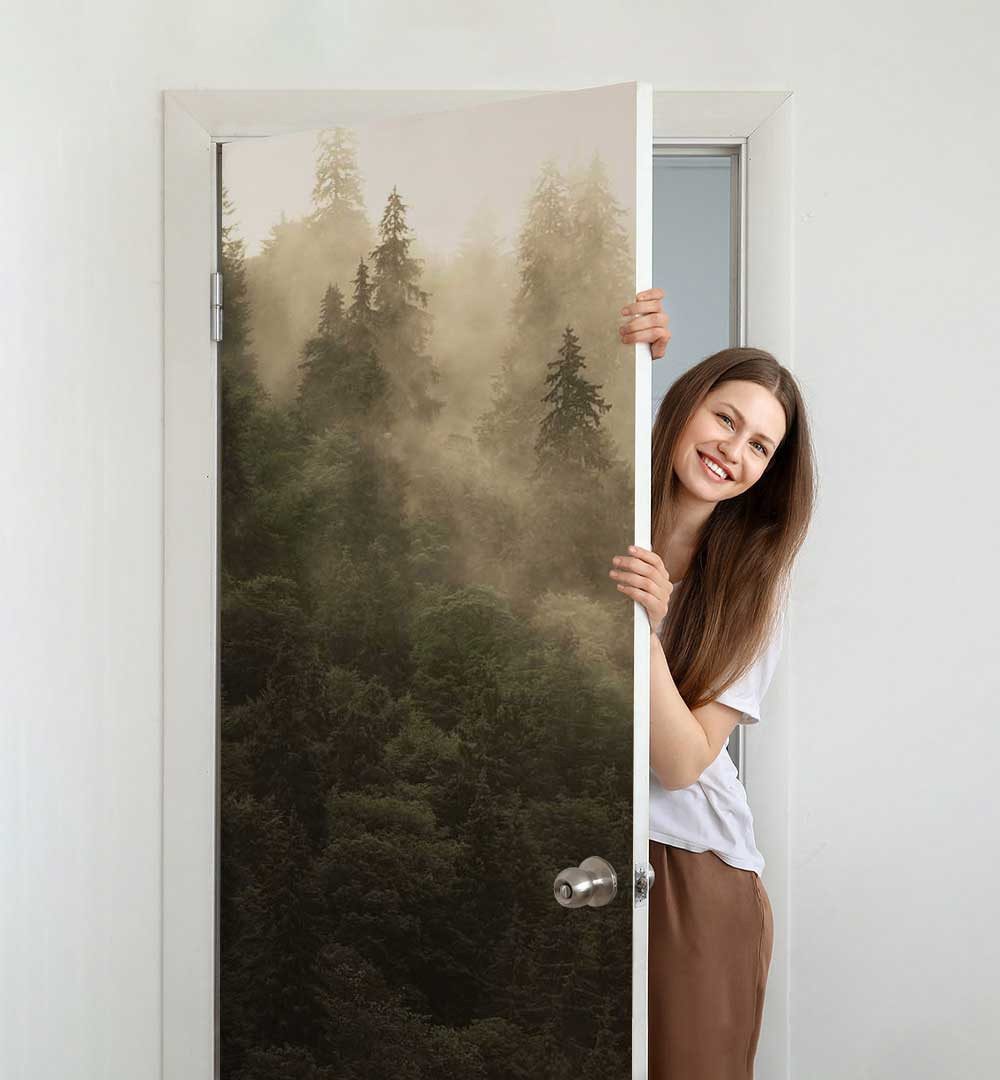 Thumbnail - MyMaxxi Dekorationsfolie Türtapete Türposter selbstklebend nebliger Wald beige Türaufkleber, (nebliger Wald beige, 1St.}...