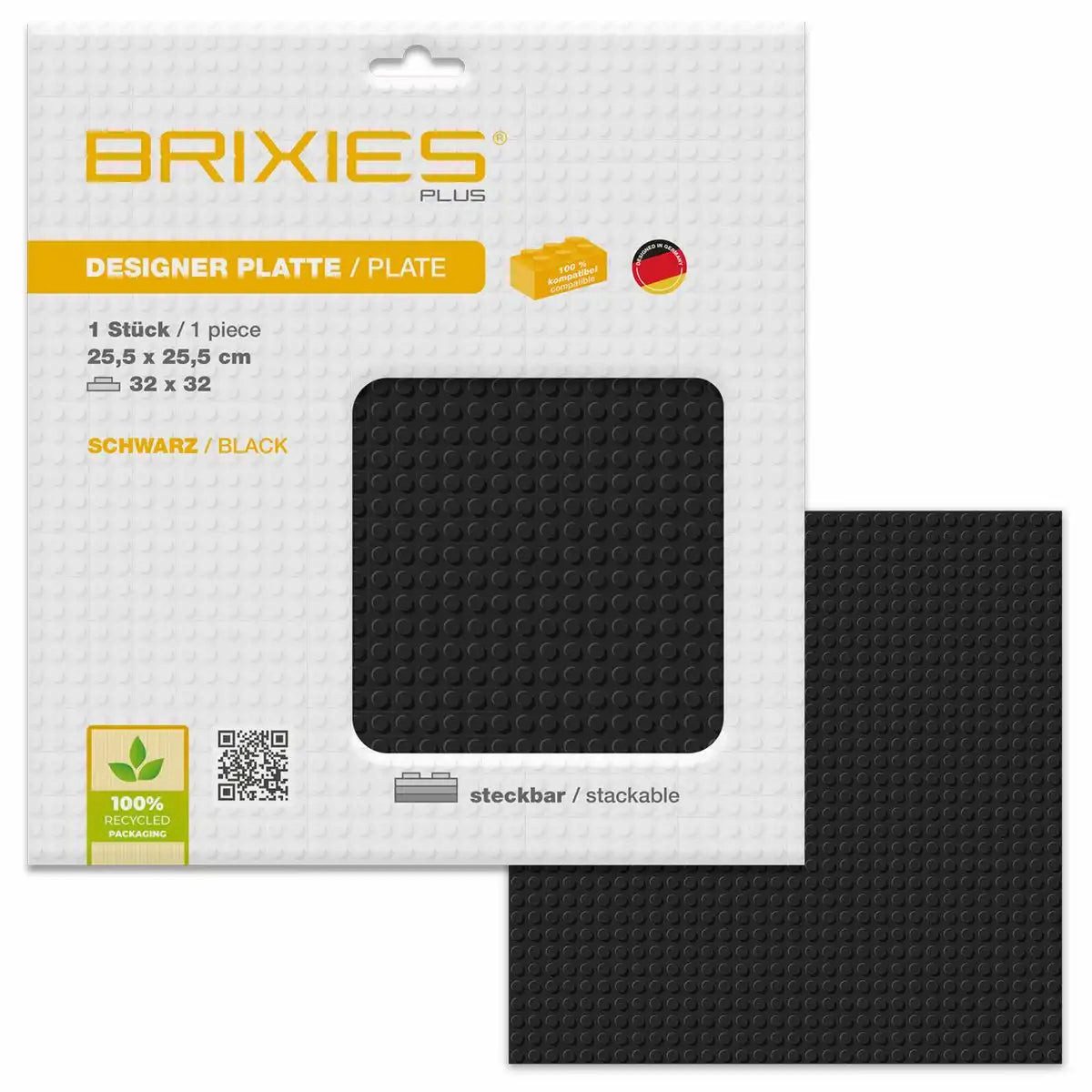Brixies BRIXIES Bodenplatte Basic schwarz 32x32cm Konstruktionsspielsteine, kompatible Klemmbausteine