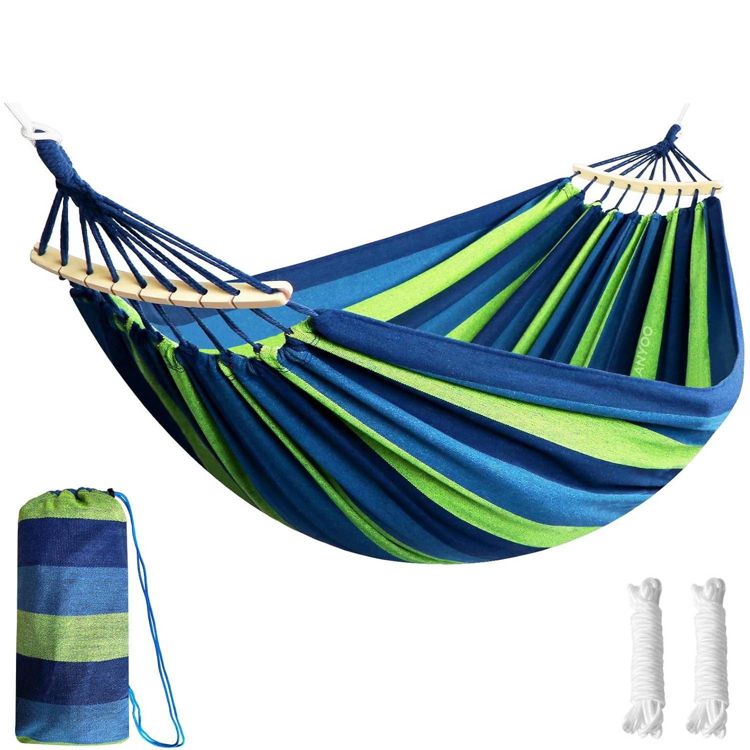 BlingBin Hängematte Outdoor Hängematte mit Gebogener Holzstange, Camping Stabhängematte (1er Set, 1 St., Höchstgewichtempfehlung: 500 Pfund), Doppelhängematte mit Tragetasch für Indoor, Balkon, Terrasse, Garten