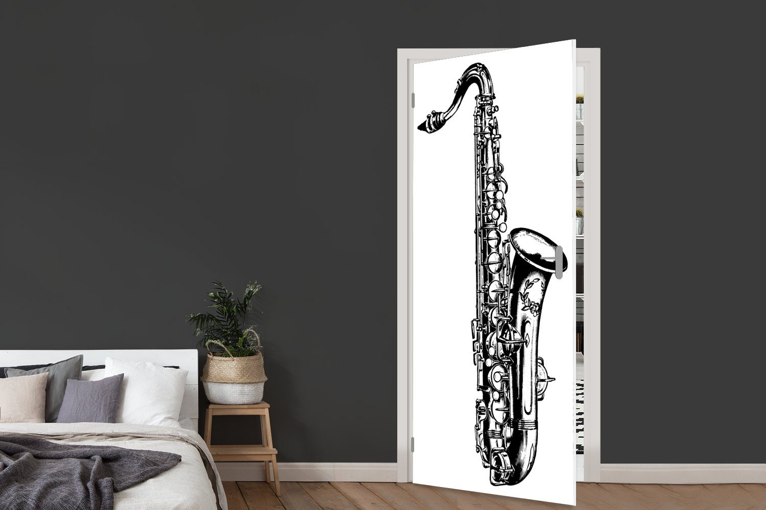 St), für schwarz-weiß, eines Tür, cm bedruckt, MuchoWow Saxophons 75x205 Matt, Türtapete Illustration (1 Türaufkleber, Detaillierte Fototapete in