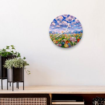 DEQORI Wanduhr 'Blumenwiese und Berge' (Glas Glasuhr modern Wand Uhr Design Küchenuhr)
