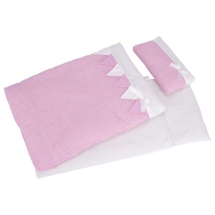 goki Puppen Bettwäsche Puppenbettzeug rosa Streifen 3-teilig Bettwäsche Goki 50x23 cm (Set 3-tlg. 1) mit Satinschleifchen