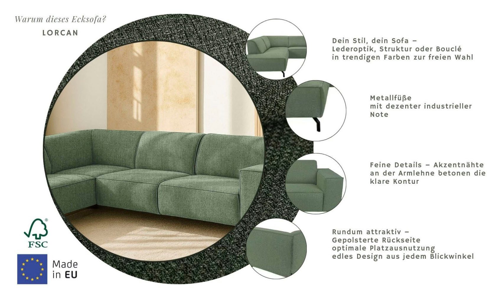 Home affaire Ecksofa LORCAN mit Metallfüßen, Breite 275 cm, weiches Sitzgefühl, Metallfüße, Lederoptik, Struktur, Bouclé