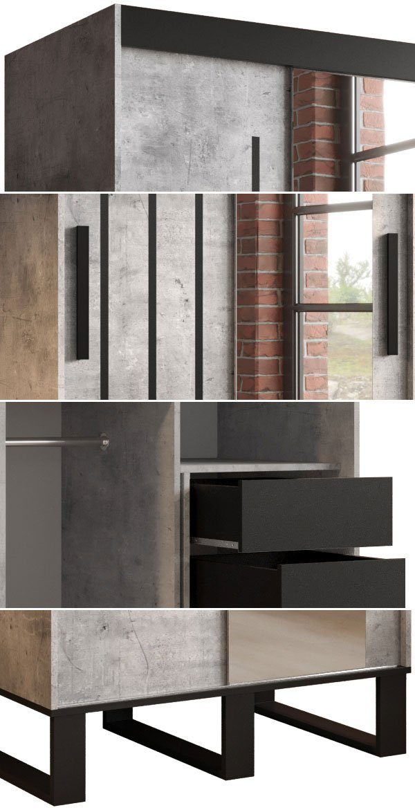 Feldmann-Wohnen Schiebetürenschrank Loft (Loft) Breite und wählbar beton / mit Schubladen Spiegel schwarz Zierleisten