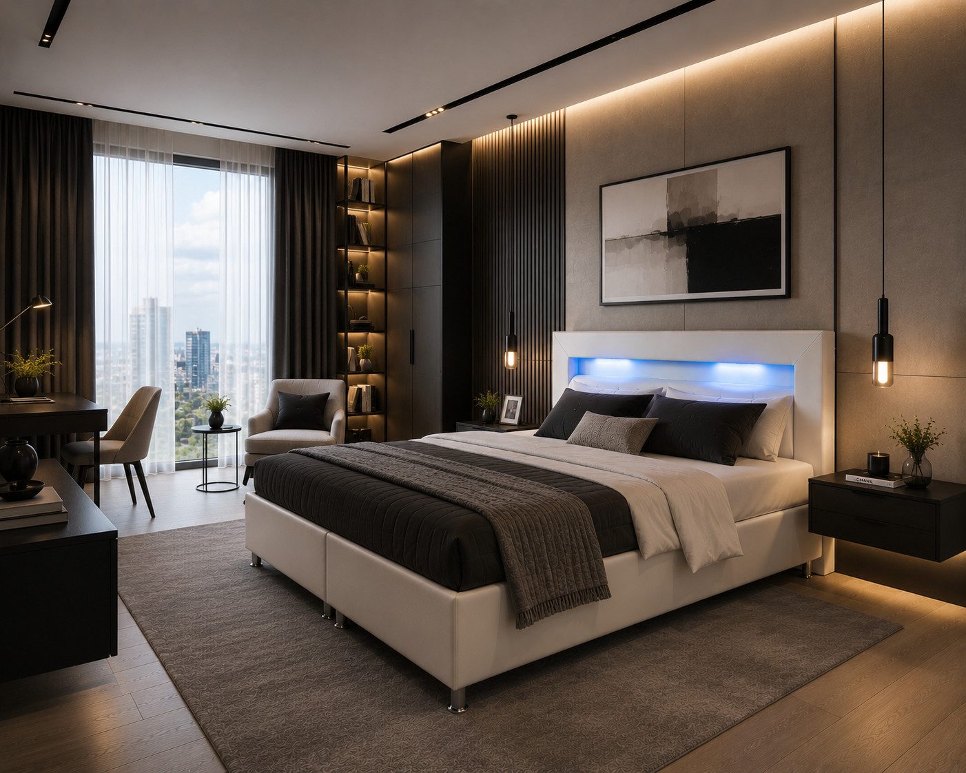 inter Boxspringbett Monaco Kunstleder mit 7 Zonen Taschenfederkernmatratzen und Topper (180x200 cm, Weiß mit 7 Zonen Taschenfederkernmatratzen und Topper), Taschenfederkern-Komfort, Kopfteil mit LED, inklusive Matratzen