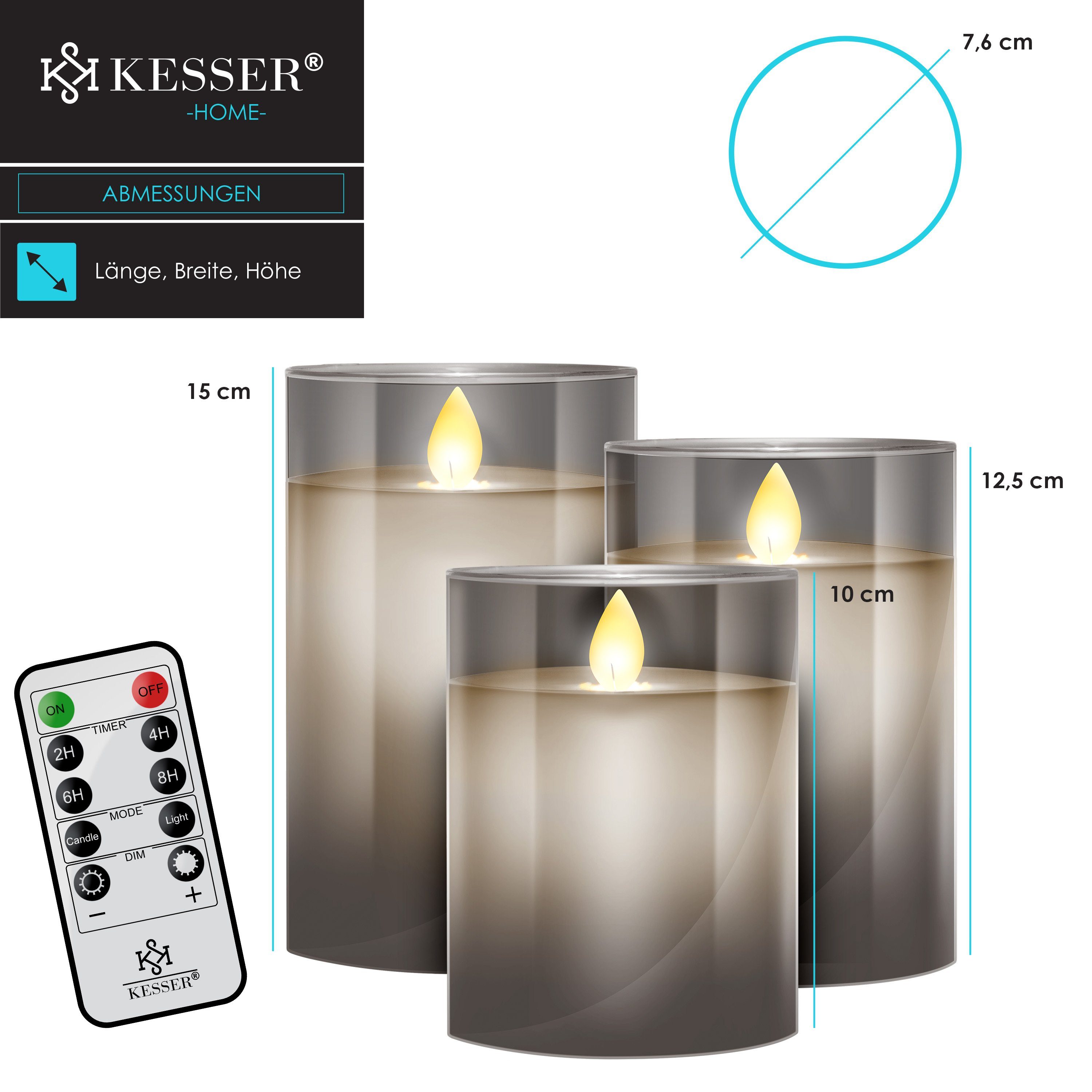 KESSER LED-Kerze, LED Kerzen Timer Flammenlose Set Kerze mit 3er grau Fernbedienung