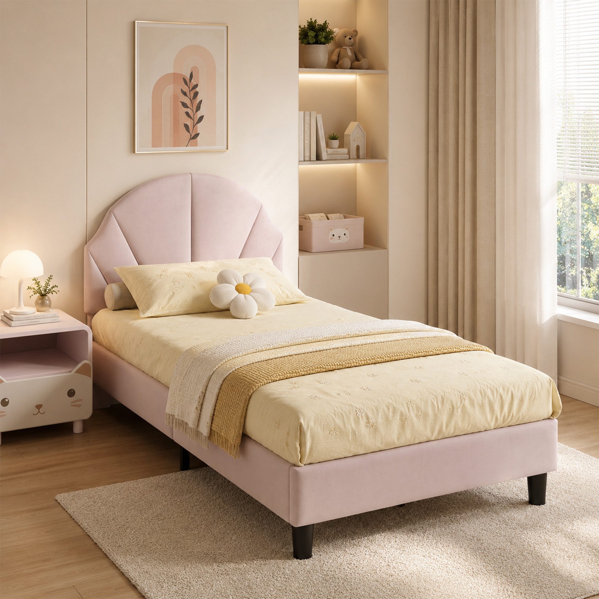 Simurq Einzelbett Polsterbett mit Muschel-Kopfteil, Kinderbett & Jugendbett, Samt (höhenverstellbares Kopfteil, Metall-Holz-Lattenrost), Polsterbett für Kinder und Jugendliche, Erhältlich in Beige und Rosa