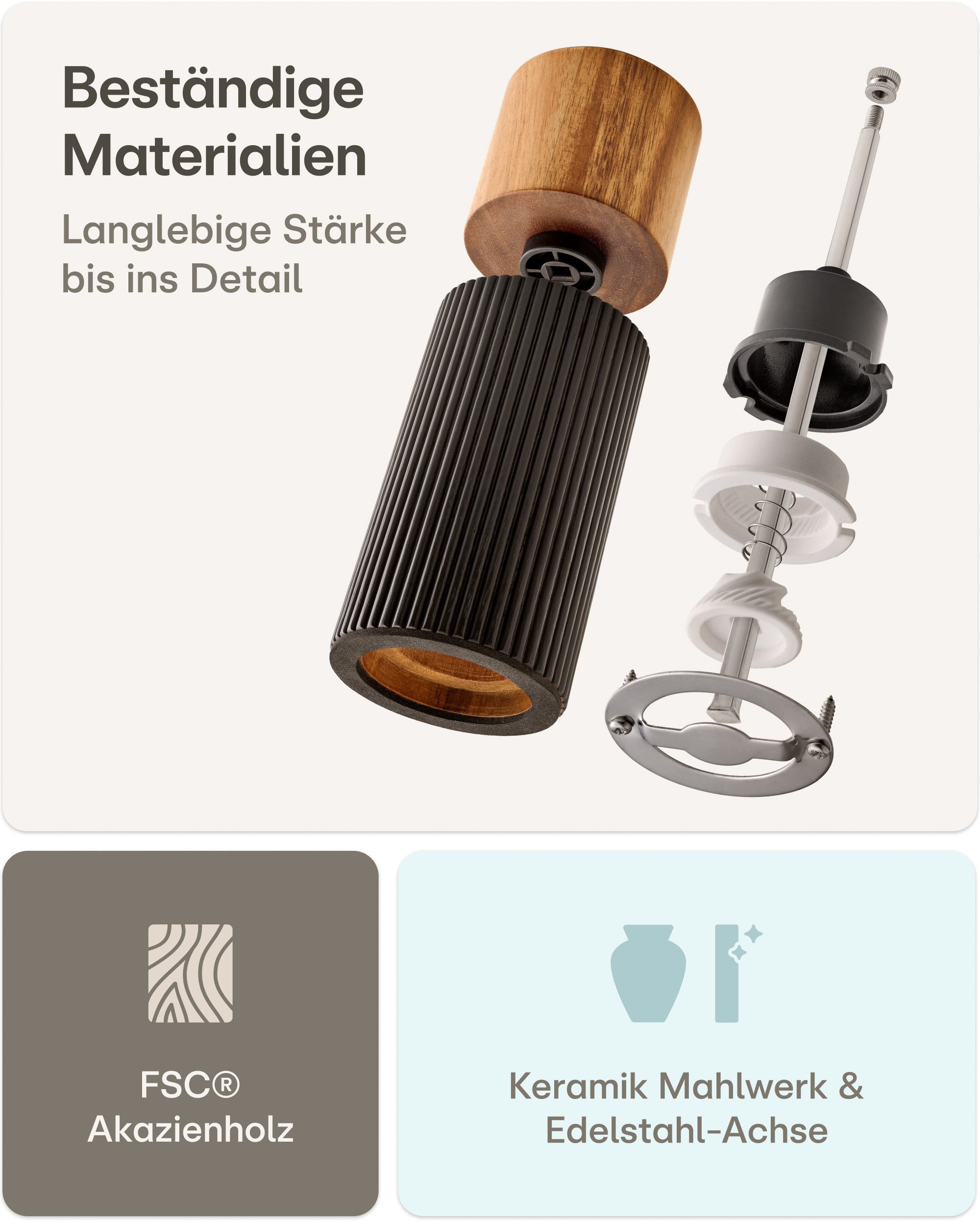 Praknu Salz- / Pfefferstreuer Salz & Pfeffermühle Set Akazien Holz – Edles Design & Keramikmahlwerk, (2er Set, 2-tlg), FSC-zertifiziert, Keramikmahlwerk, Stufenlos einstellbar, Langlebig