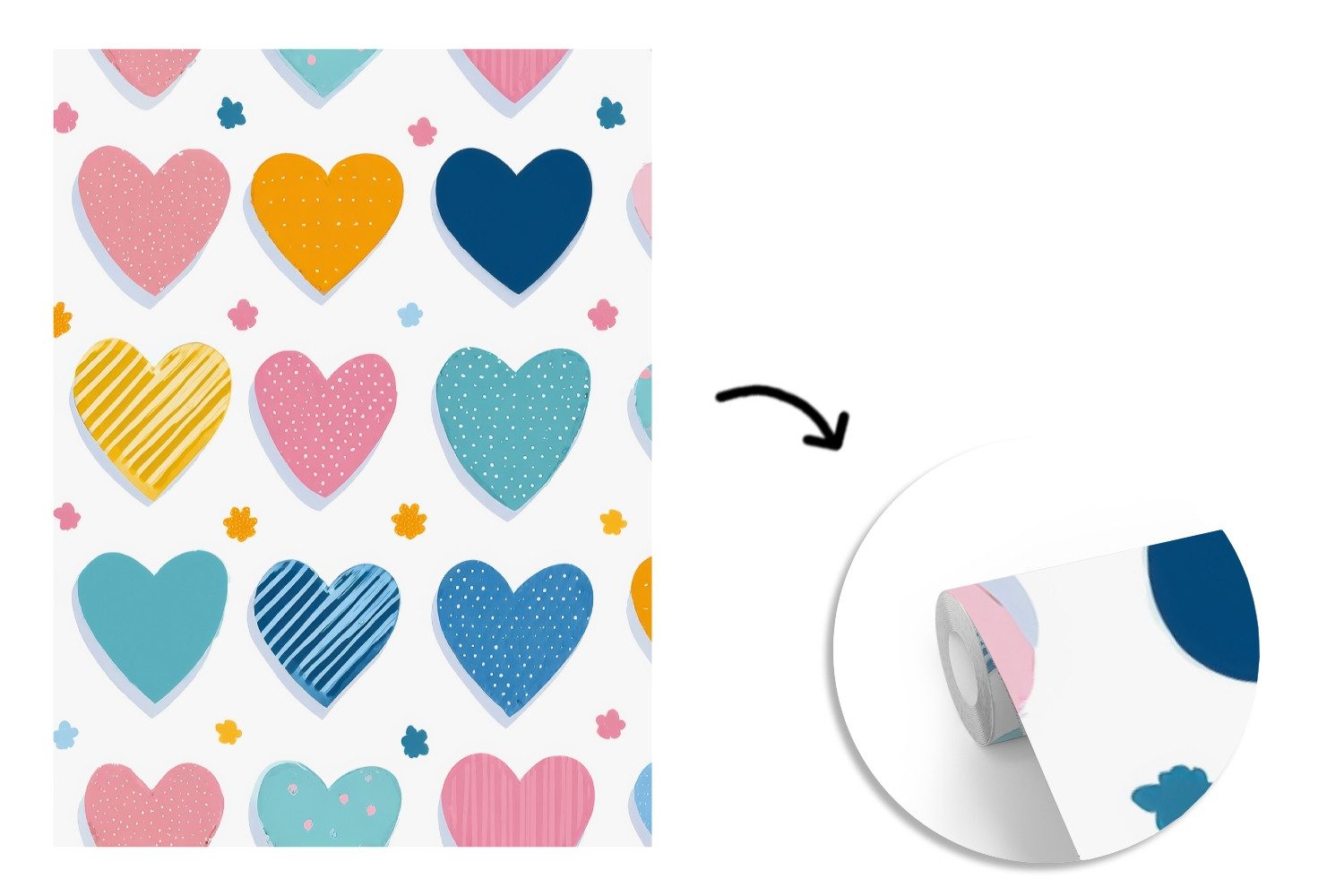 MuchoWow Fototapete Herzen - Pastell - Farbkontrast - Handgezeichnet, Matt, bedruckt, Vliestapete für Wohnzimmer Schlafzimmer Küche, Fototapete, 210x260 cm