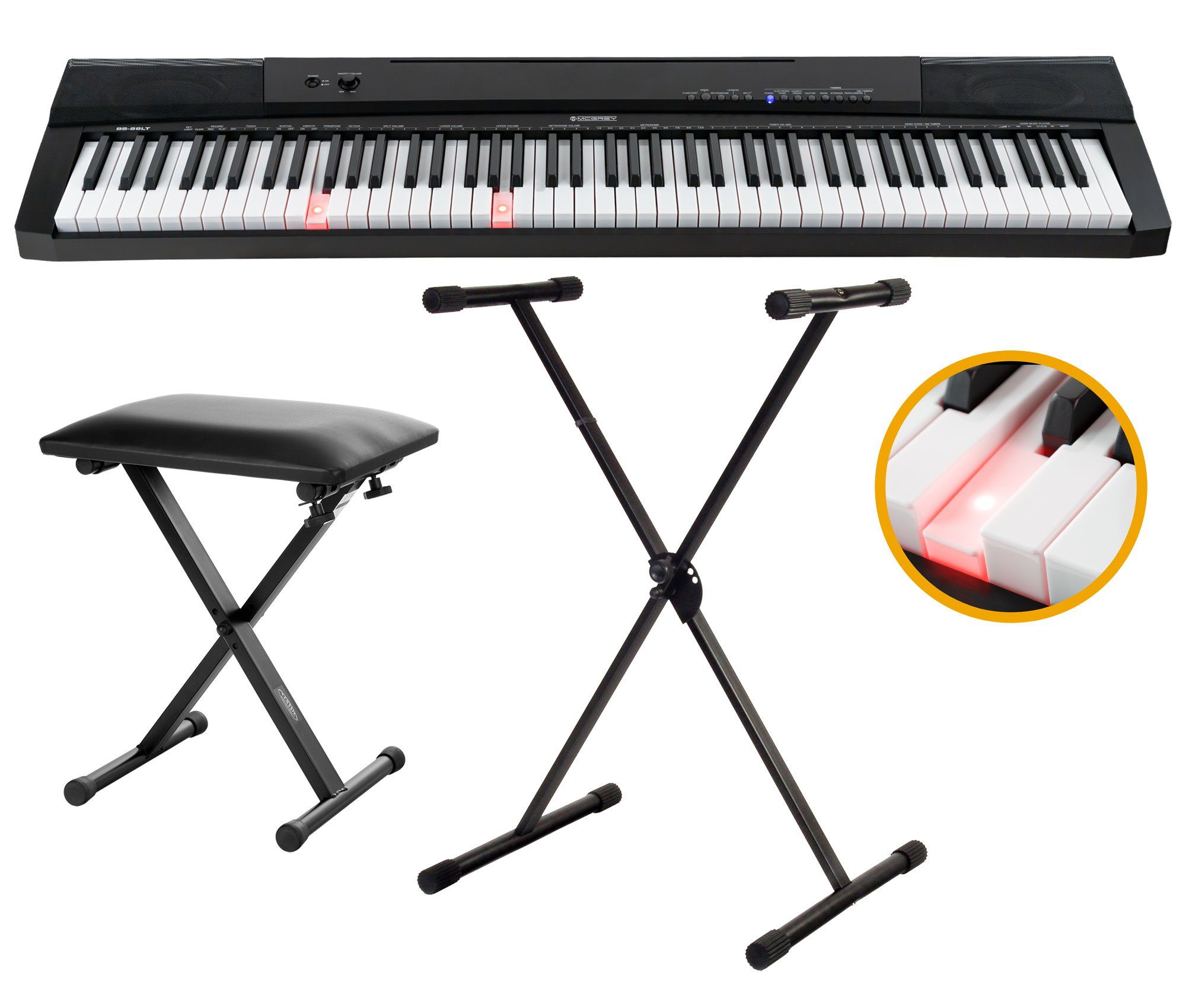 McGrey Home-Keyboard BS-88LT Keyboard Set in Stagepiano-Optik mit 88 Leuchttasten (Spar-Set, 3-St., inkl. Notenhalter, Sustain-Pedal, Ständer und Bank), 146 Sounds, USB to Host Aufnahme-, Split-, Dual- und Twinova-Funktion