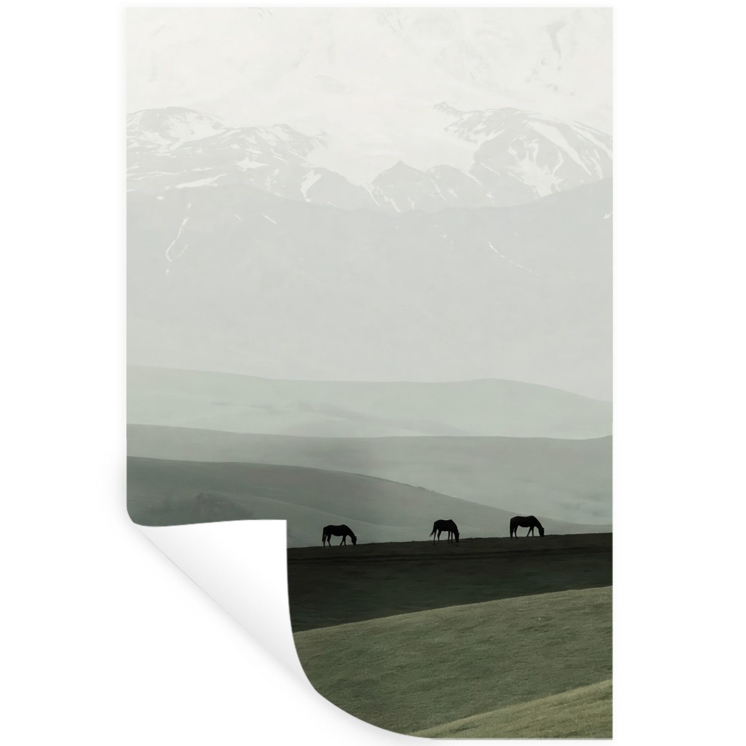 MuchoWow Wandsticker Grau - Berg - Pferde (1 St), Wandaufkleber, Selbstklebend, Wohnzimmer, 20x30 cm