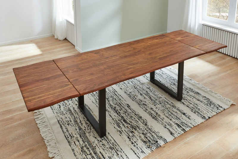 Junado® Baumkantentisch »Norina«, Akazienholz massiv, natürliche Baumkante, Tischstärke 26mm, erweiterbar mit 2 Ansteckplatten (je 40cm) bis auf 3m, Metallgestell U-Form in schwarz