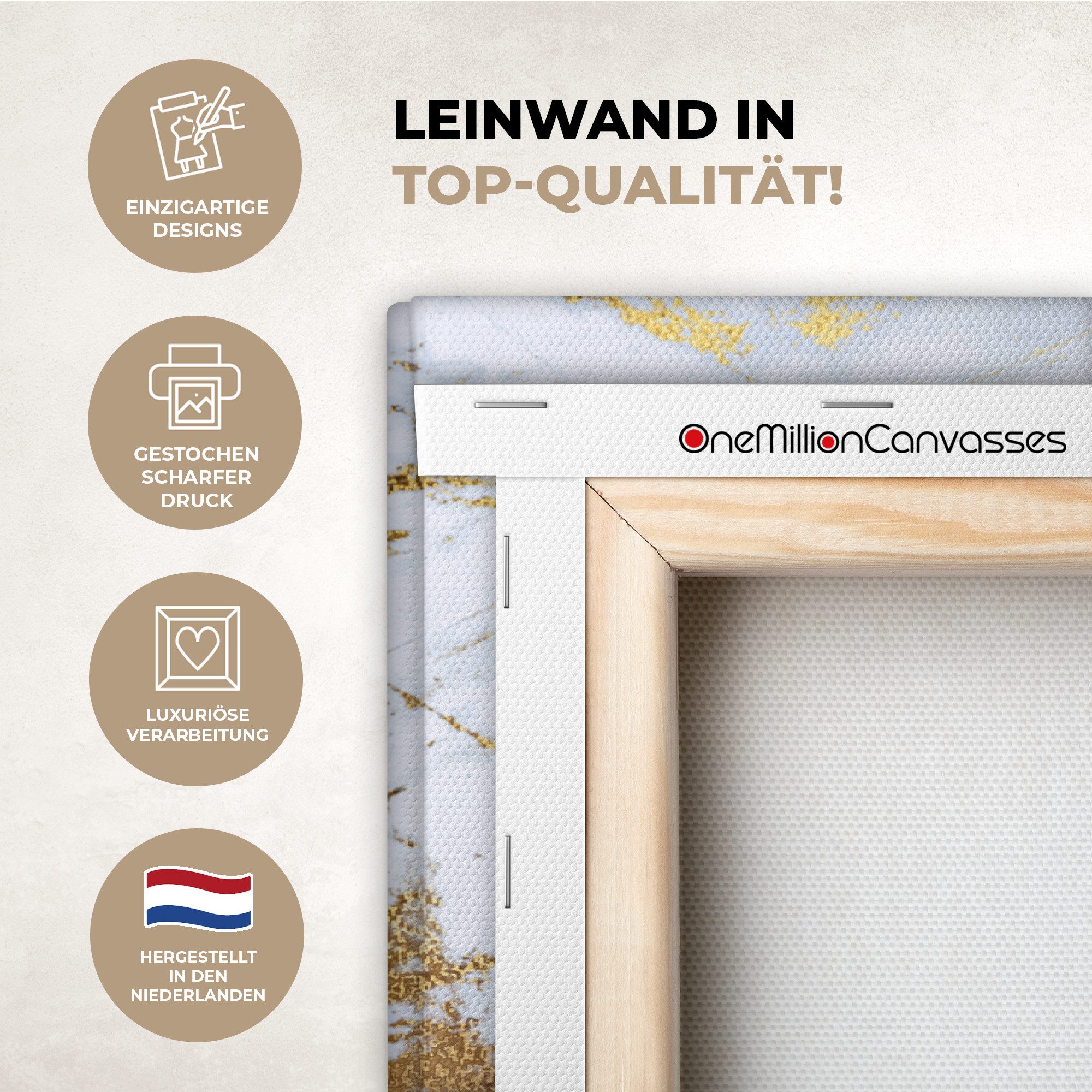 OneMillionCanvasses® Leinwandbild Marmor - Gold - Weiß - Luxe - Marmoroptik - Glitzer, Fotodruck (1 St), Wandbild, Deko Schlafzimmer Wohnzimmer Flur 20x20 cm