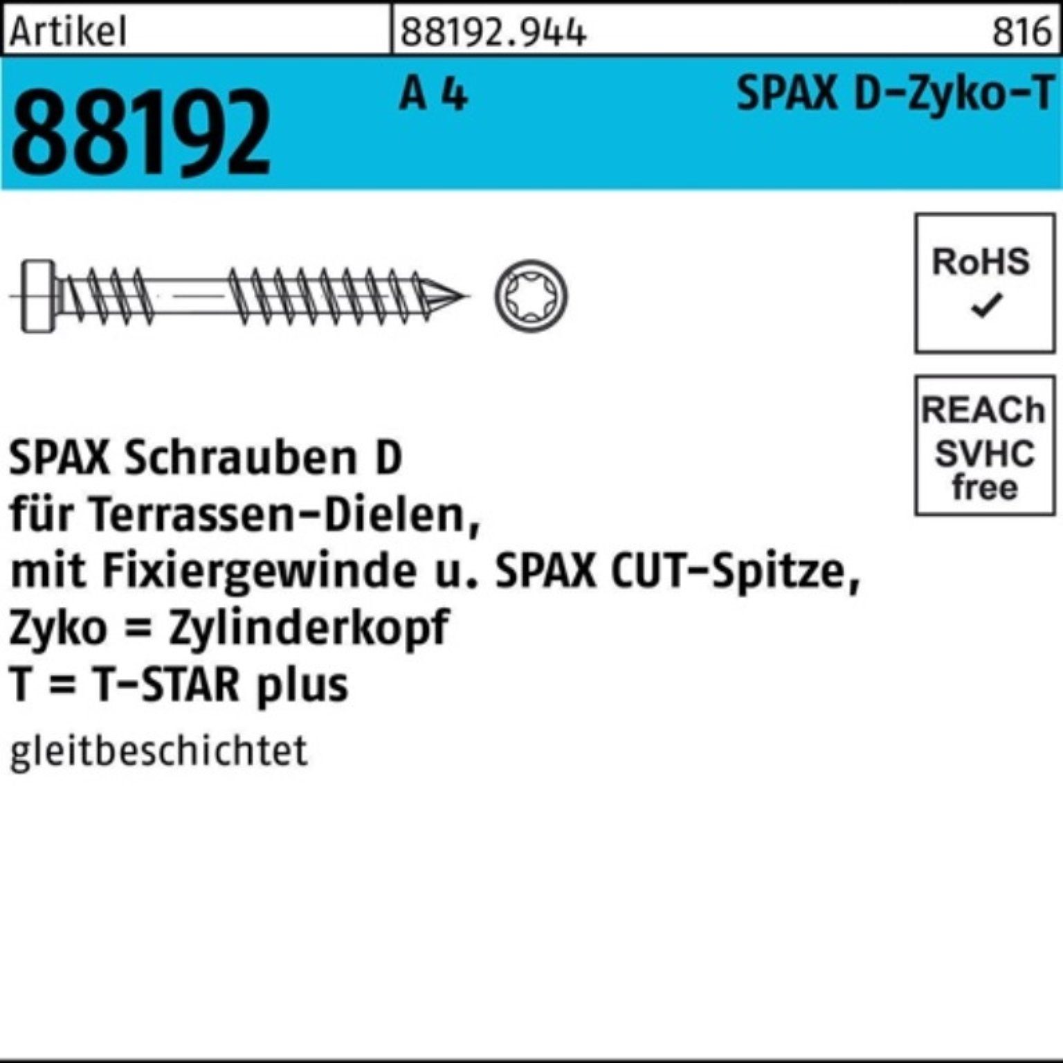 SPAX Holzbauschraube 200er Pack Holzbauschraube R 88192 ZYLKO T-STAR 6x40/23-T A 4 CUT-Sp.