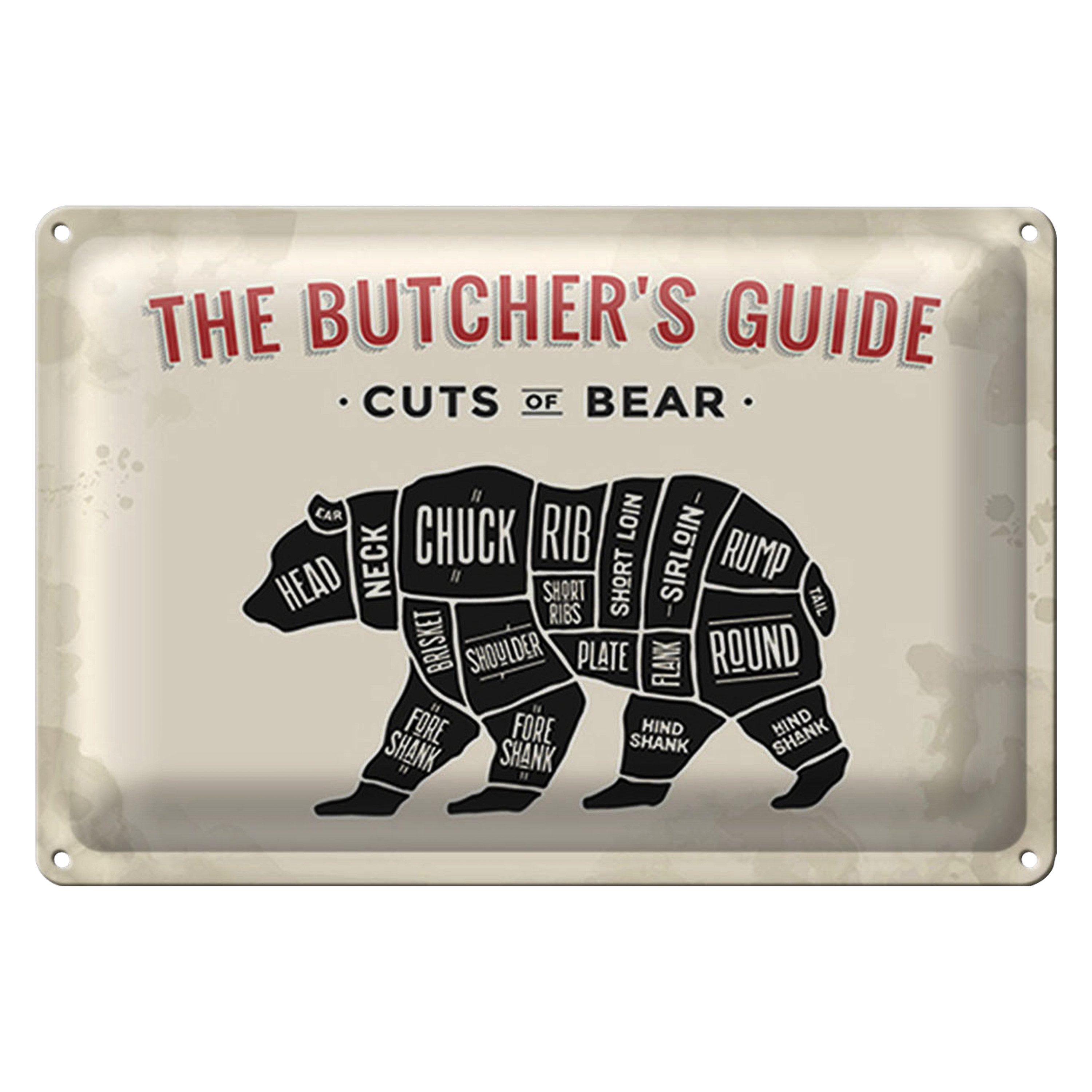 Roomando Metallschild Blechschild Metzgerei 30x20cm cuts of Bear Fleisch