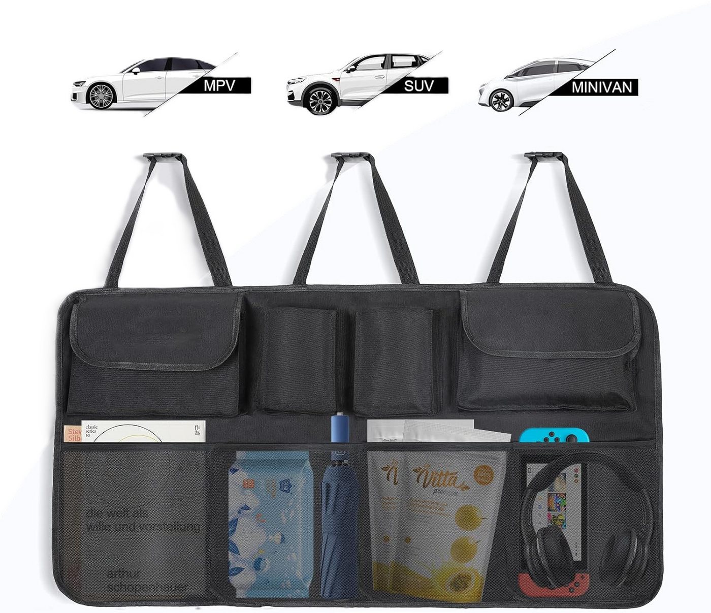AiQInu Rücksitzorganizer Auto Kofferraum Organizer SUV faltbar wasserdicht 8 Taschen (Kofferraum-Organizer für SUV & Van, faltbar & pflegeleicht, 1x Auto-Organizer, faltbar, 8 Fächer, wasserdicht, schwarz), 8 Taschen, faltbar, wasserdicht, rutschfest, für