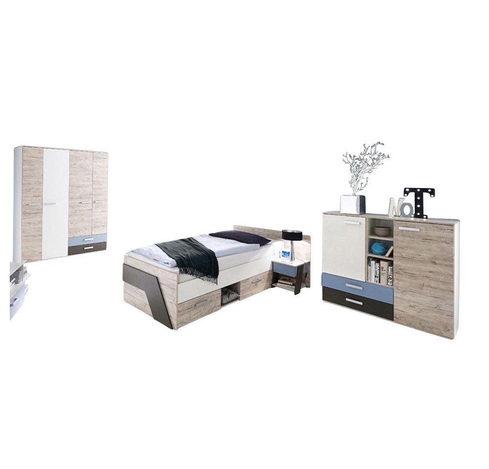 Lomadox Jugendzimmer-Set LEEDS-10, (Sparset, 4-tlg), 4-teilig in Sandeiche Nb. mit weiß Lava und Denim Blau
