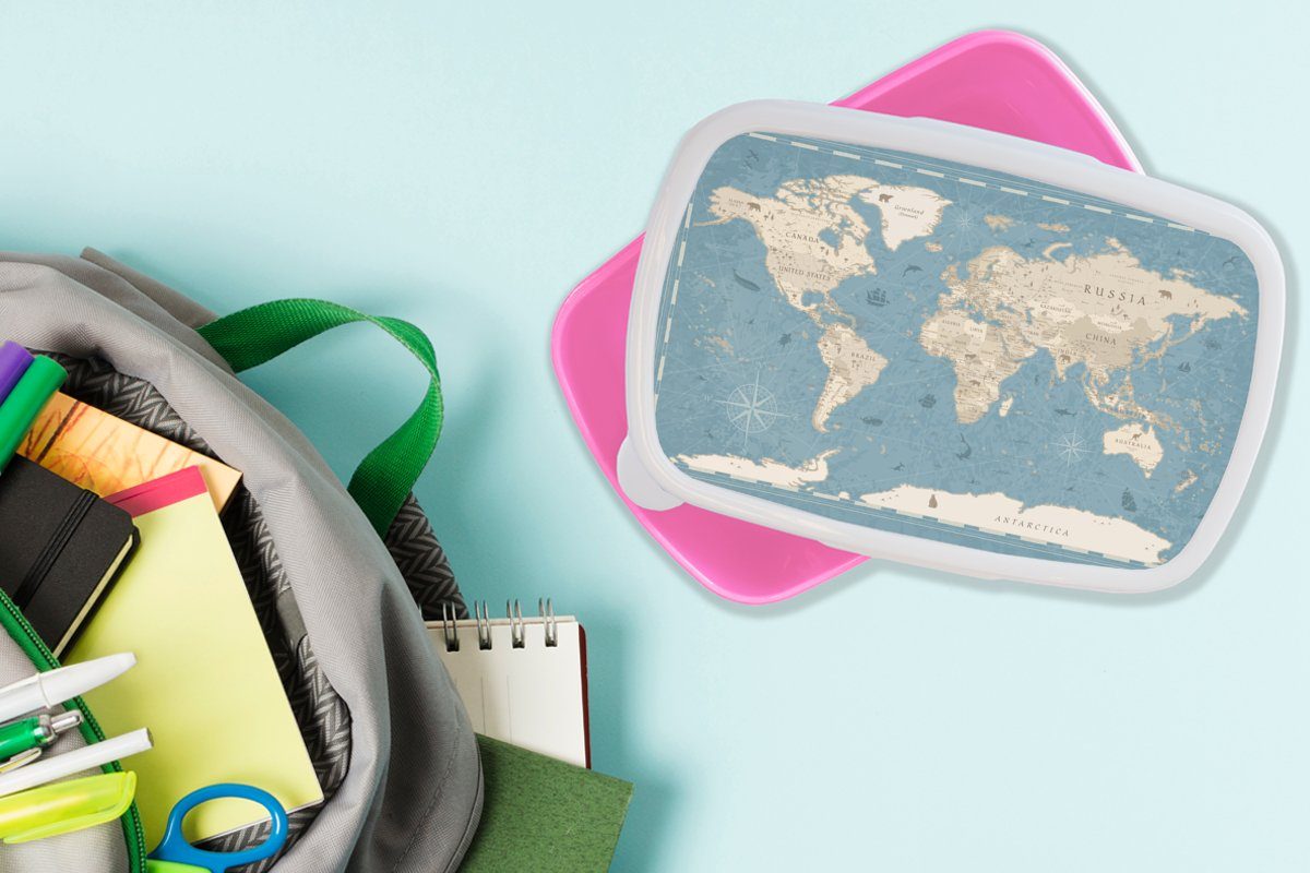 MuchoWow Lunchbox rosa Vintage (2-tlg), Blau, Kunststoff, Weltkarte - Snackbox, Brotdose für Kinder, - Brotbox Mädchen, Erwachsene, Kunststoff