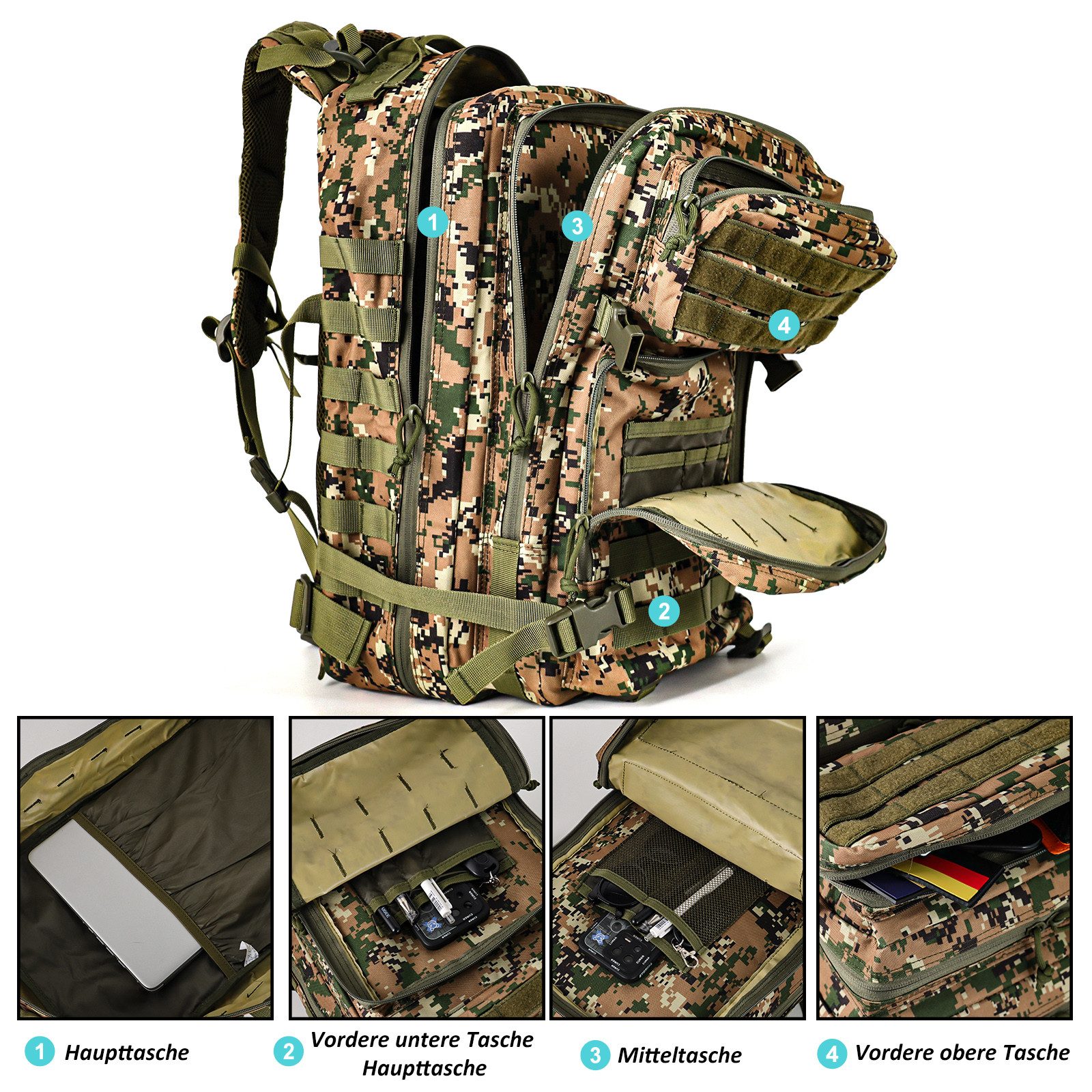 TAN.TOMI Rucksack Taktischer Rucksack 45L Wanderrucksack Militär Rucksack, Für Wandern, Jagd, Trekking und andere Outdooraktivitäten
