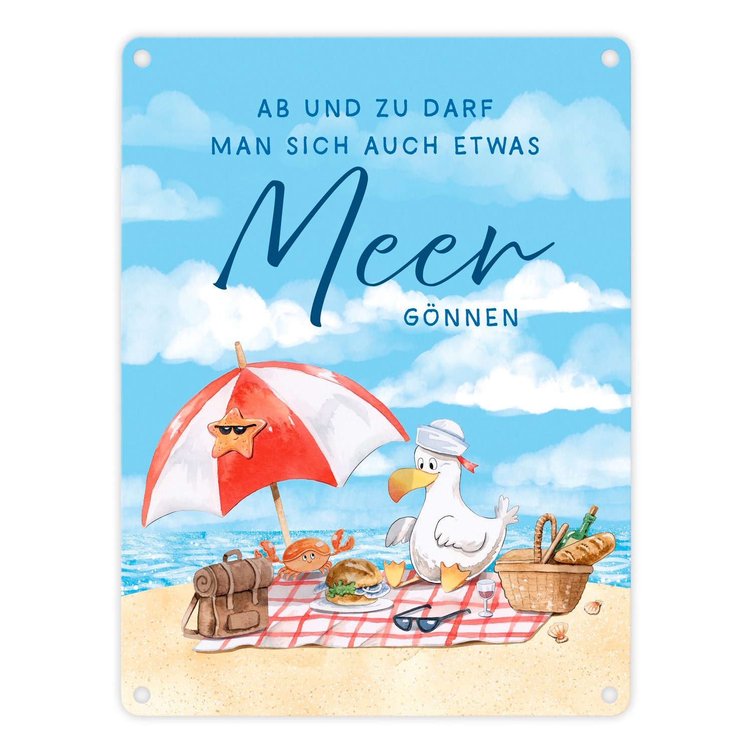 Metallschild Möwe am Strand Metallschild in 15x20 cm mit Spruch Manchmal Meer