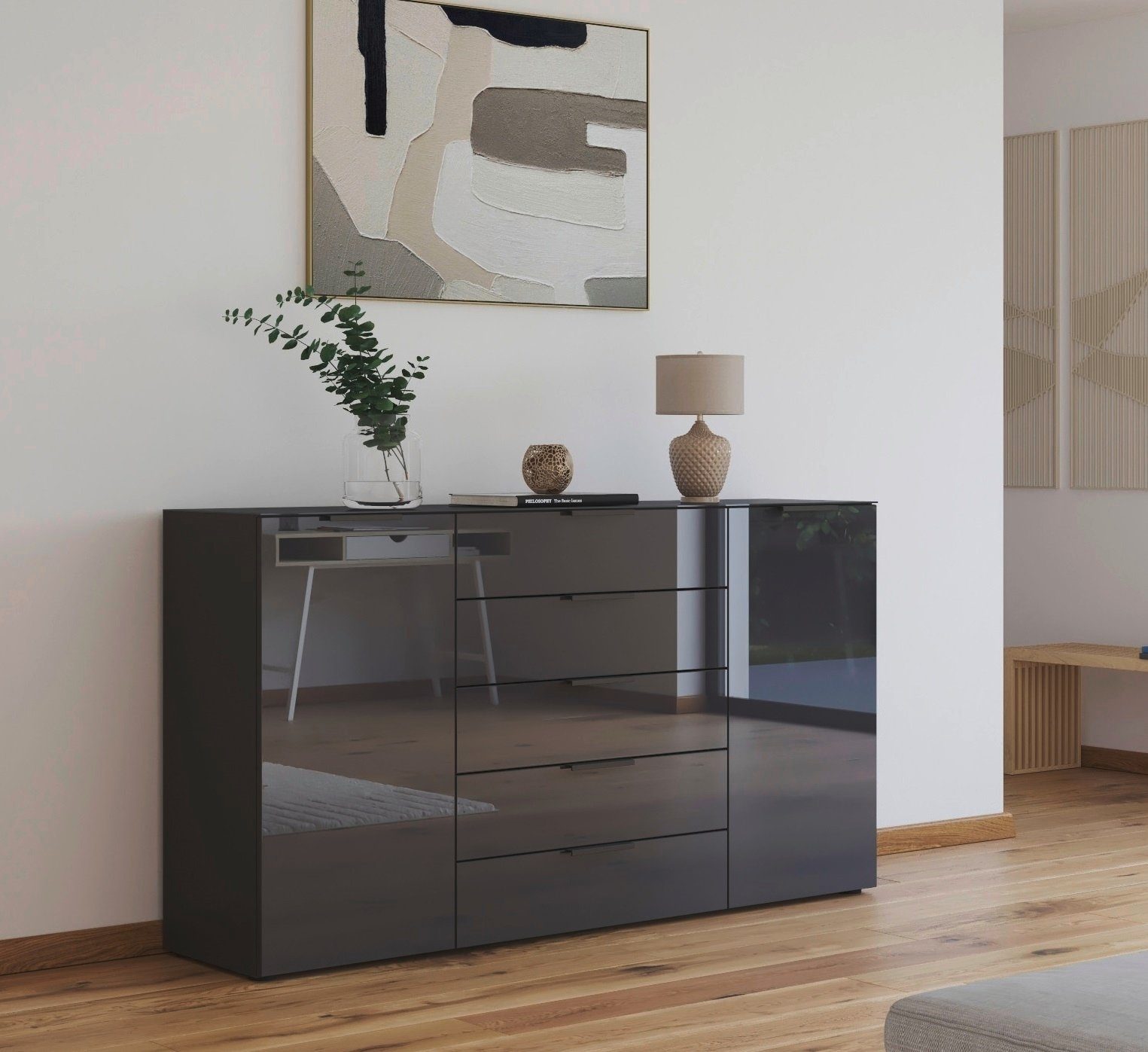 rauch Schubkastenkommode Kommode Türkommode Sideboard Kombikommode FLIPP mit Glasfront (Breite 160/180 cm mit 4 Einlegeböden), 2-türig, 5 Schubladen, Soft-Close, Oberboden und Front Glas, 2 Breiten