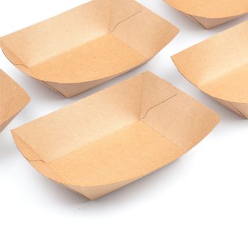 Einwegschale 100 Stück Kraft Karton-Snack-Schalen (154×107×41 mm), 400 ml (13,5 OZ), braun, Pappschale Pommesschale Foodtray Currywurst Snackschale