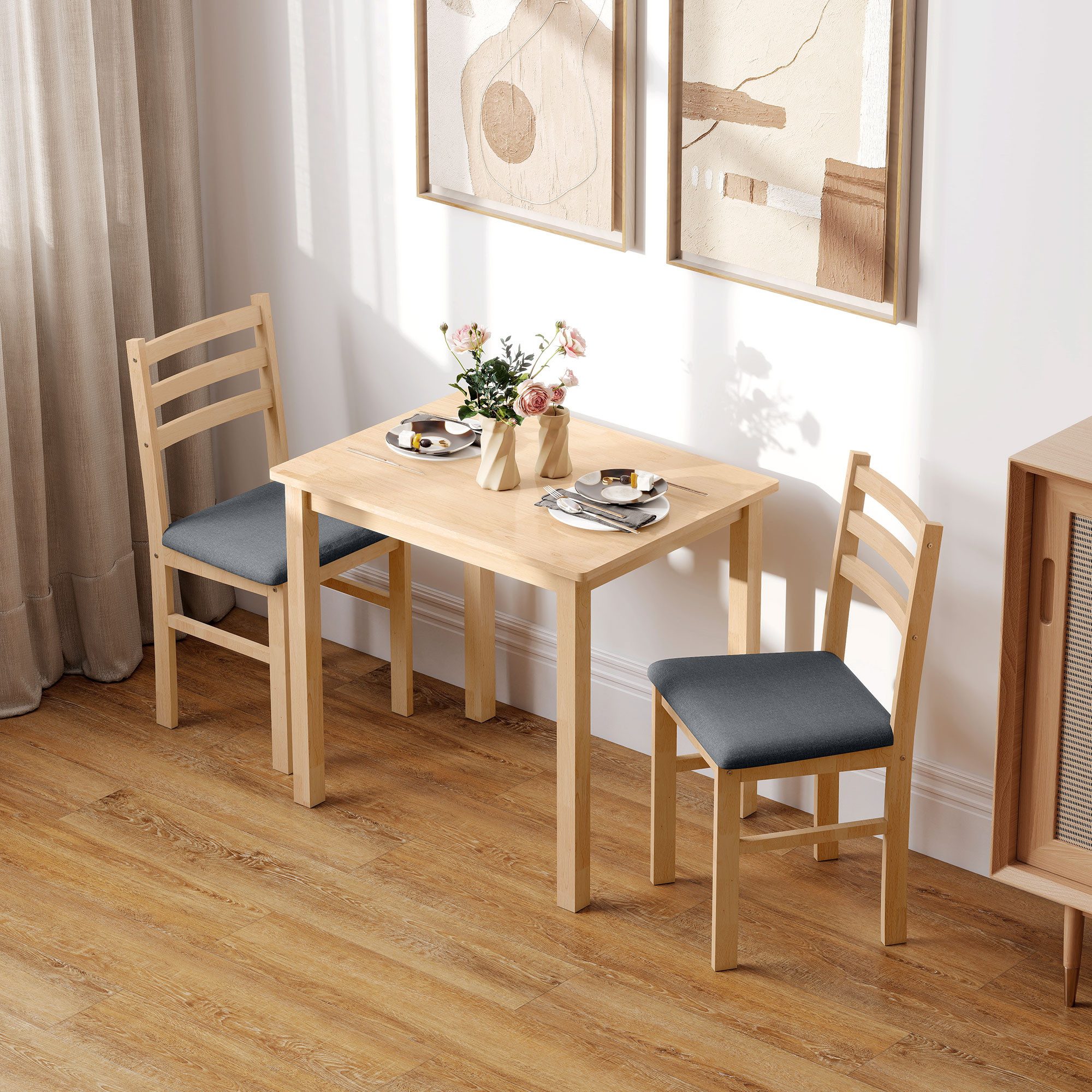 HOMCOM Essgruppe Esstisch mit 2 Stühlen Platzsparend Esszimmergruppe Rechteckig, (Sitzgruppe, 3-tlg., Küchentisch mit gepolsterten Essstühlen), für kleine Raum, Esszimmer, Küche, Naturholz